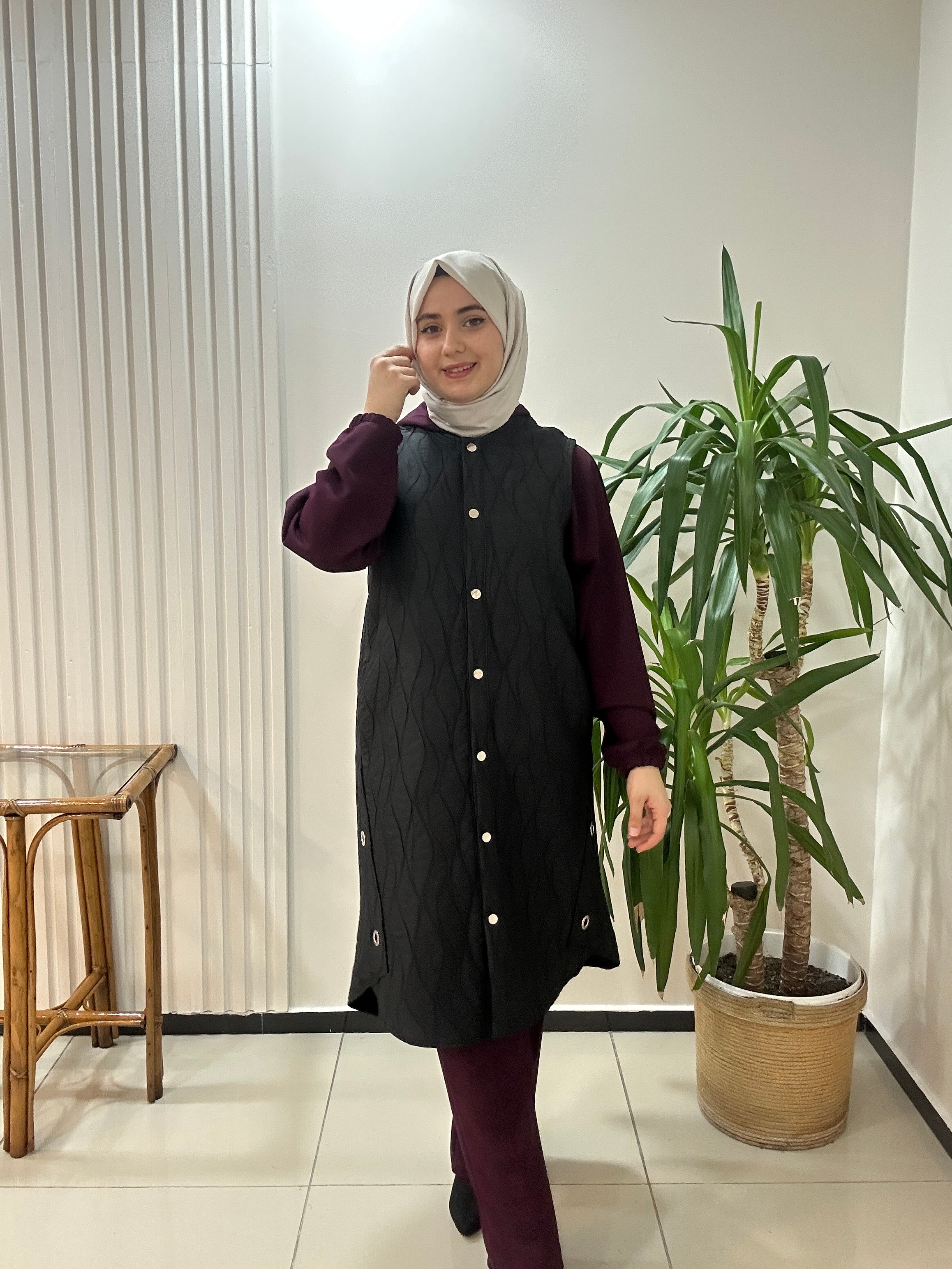 Dokuma Kapitone Yelek Krem Renk