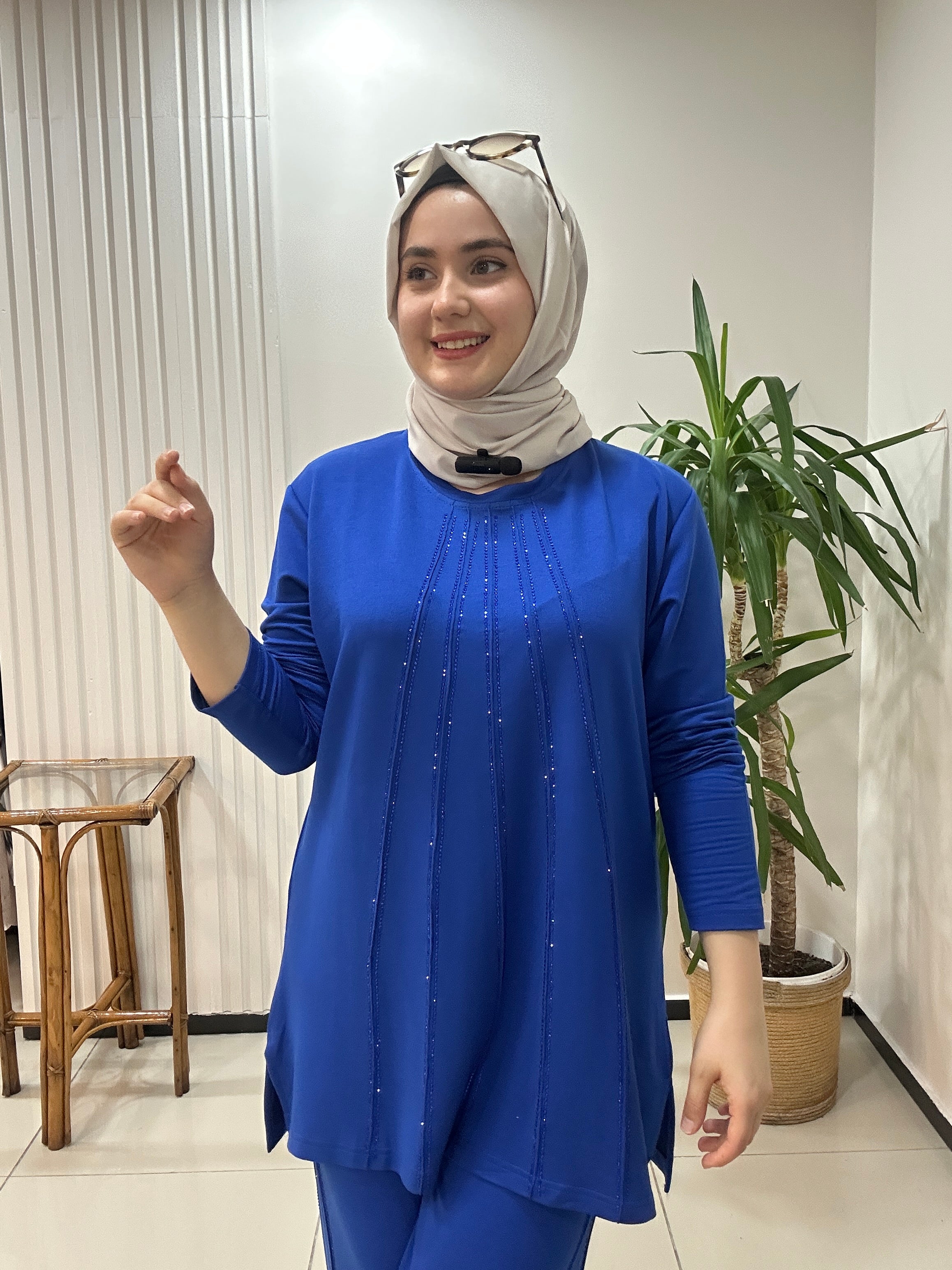 Büyük beden takım taş baskılı - saks