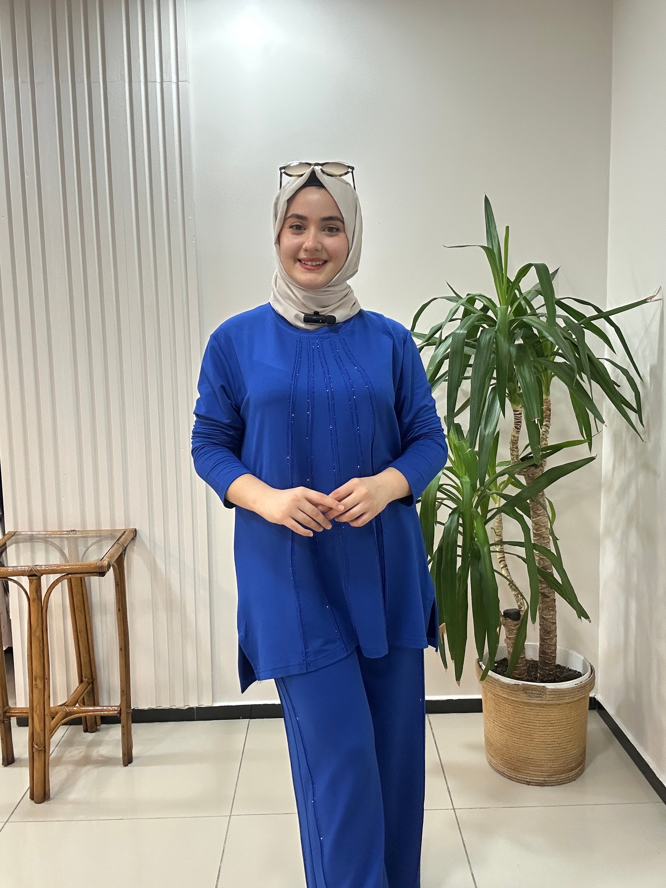 Büyük beden takım taş baskılı - saks