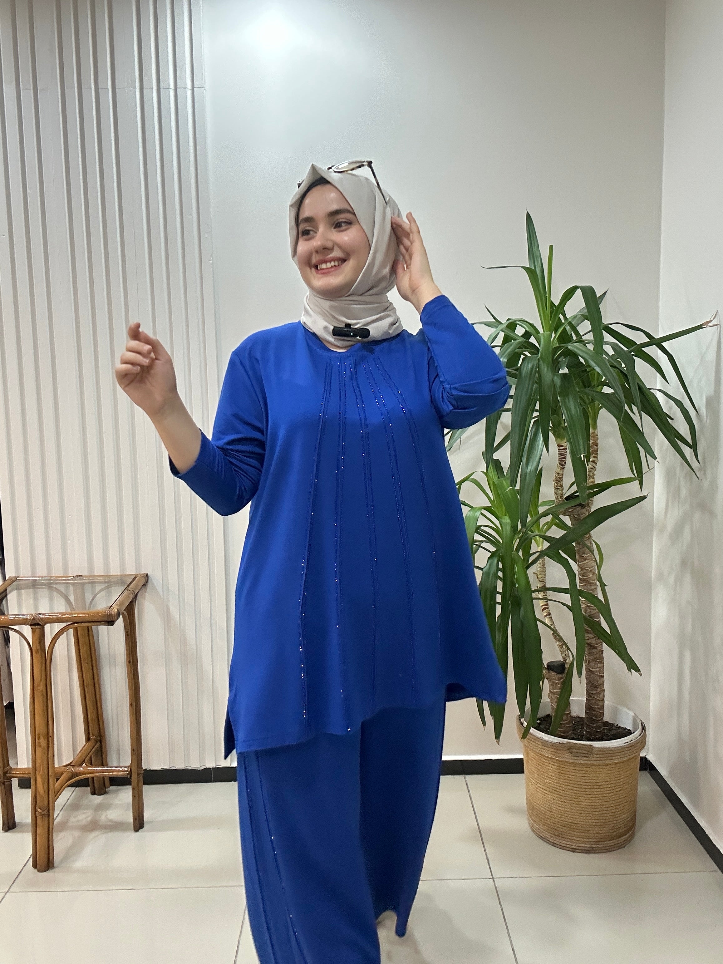 Büyük beden takım taş baskılı - saks