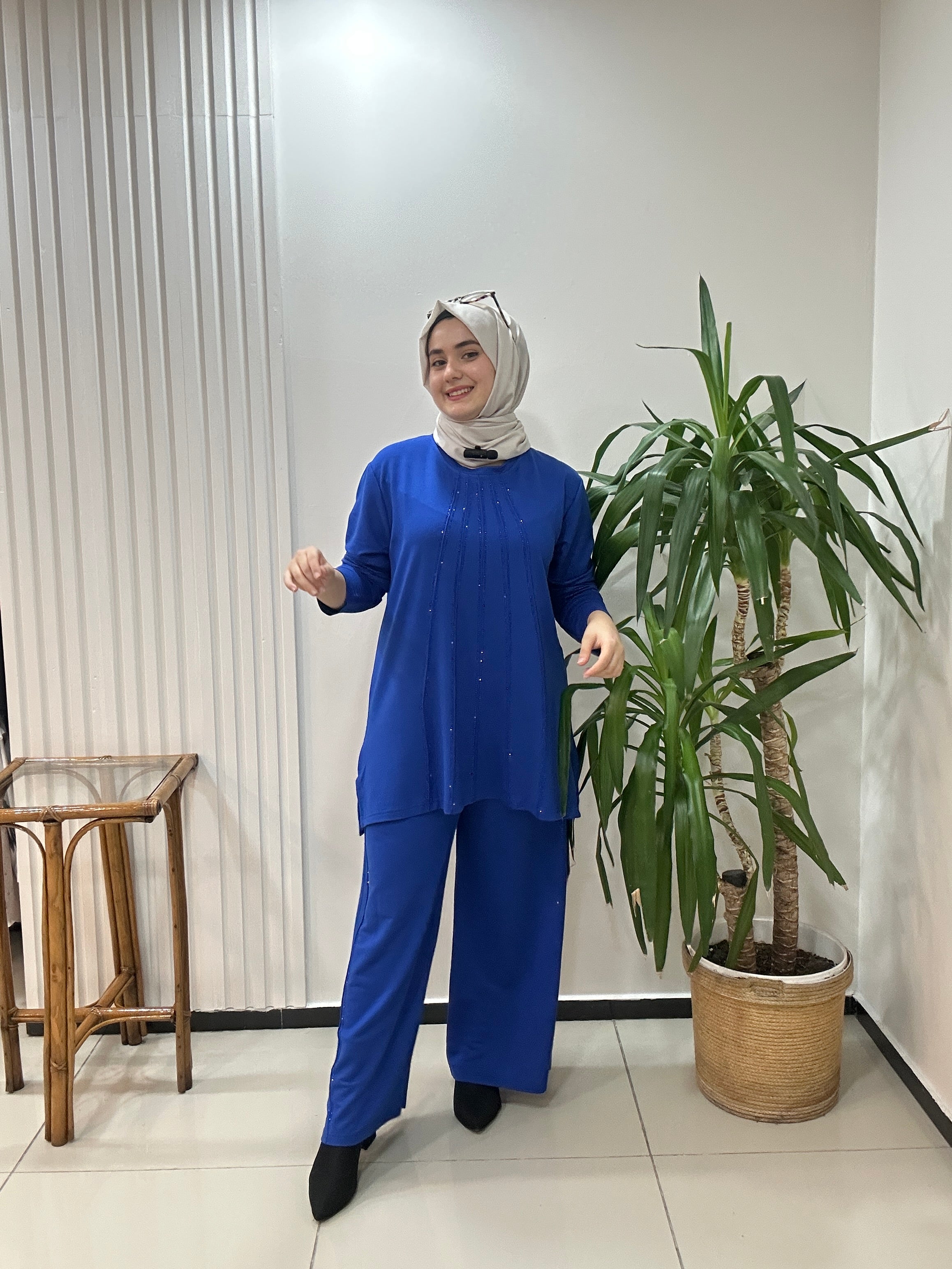 Büyük beden takım taş baskılı - saks