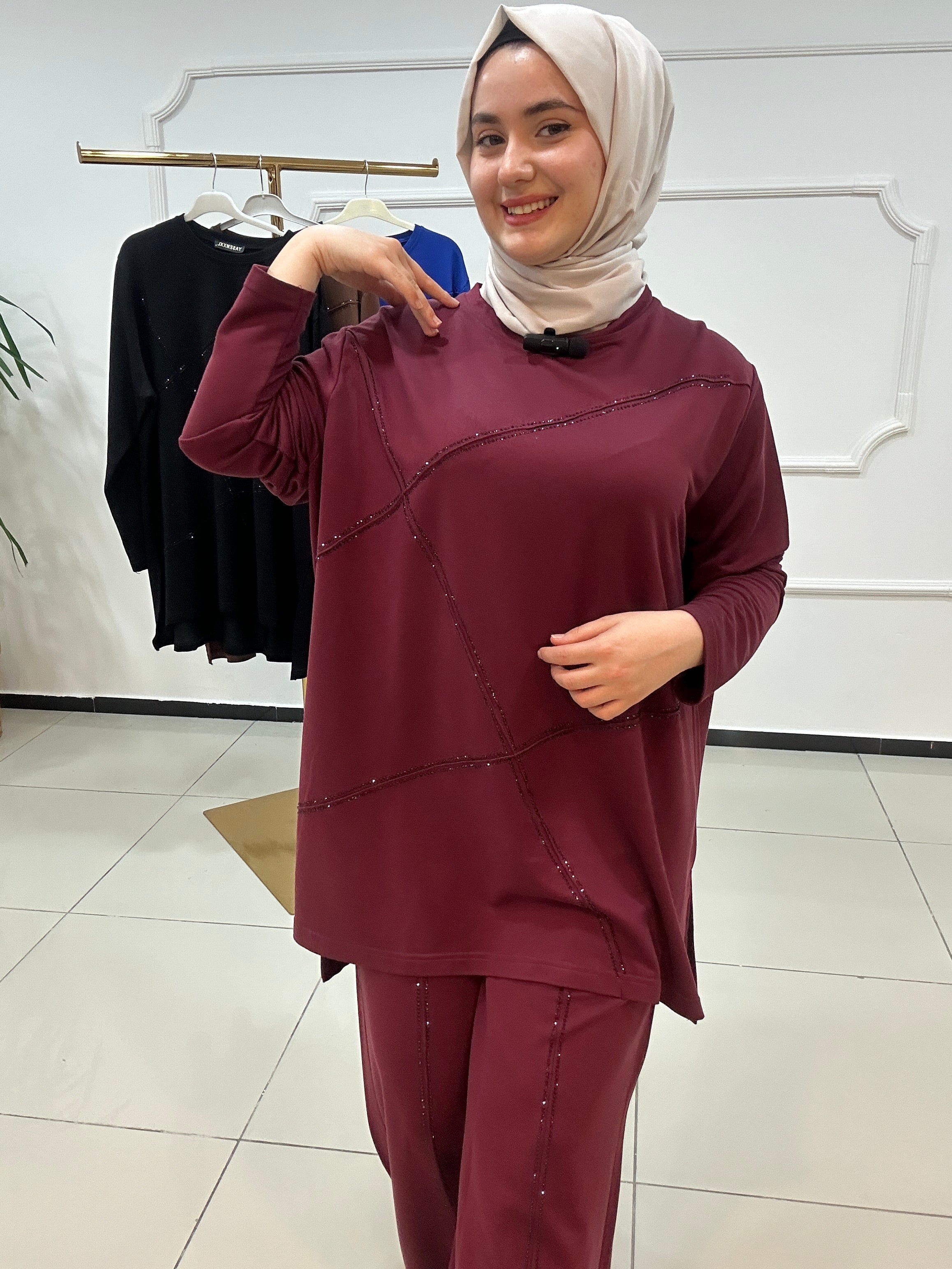 Büyük beden takım taş baskılı - bordo