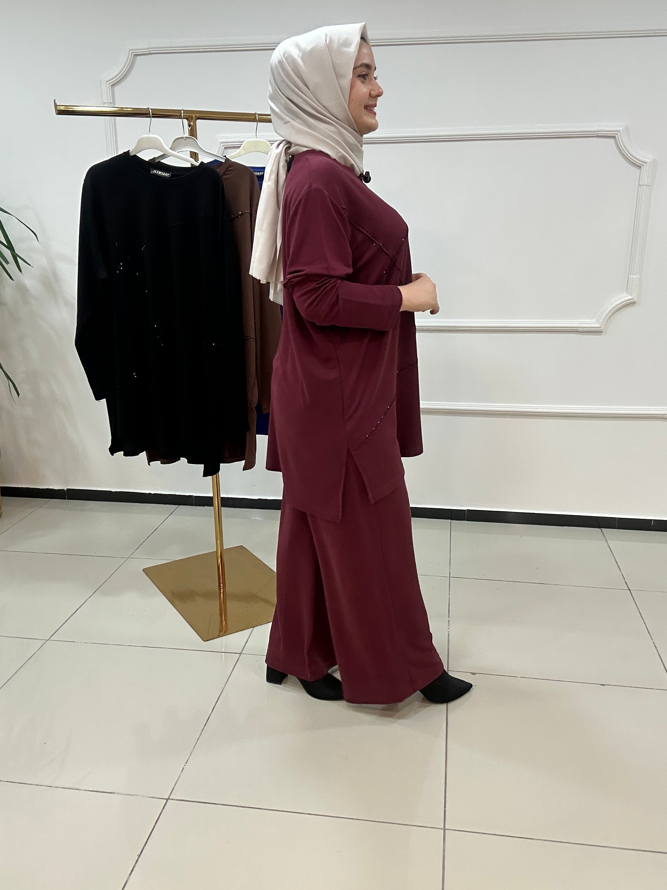 Büyük beden takım taş baskılı - bordo