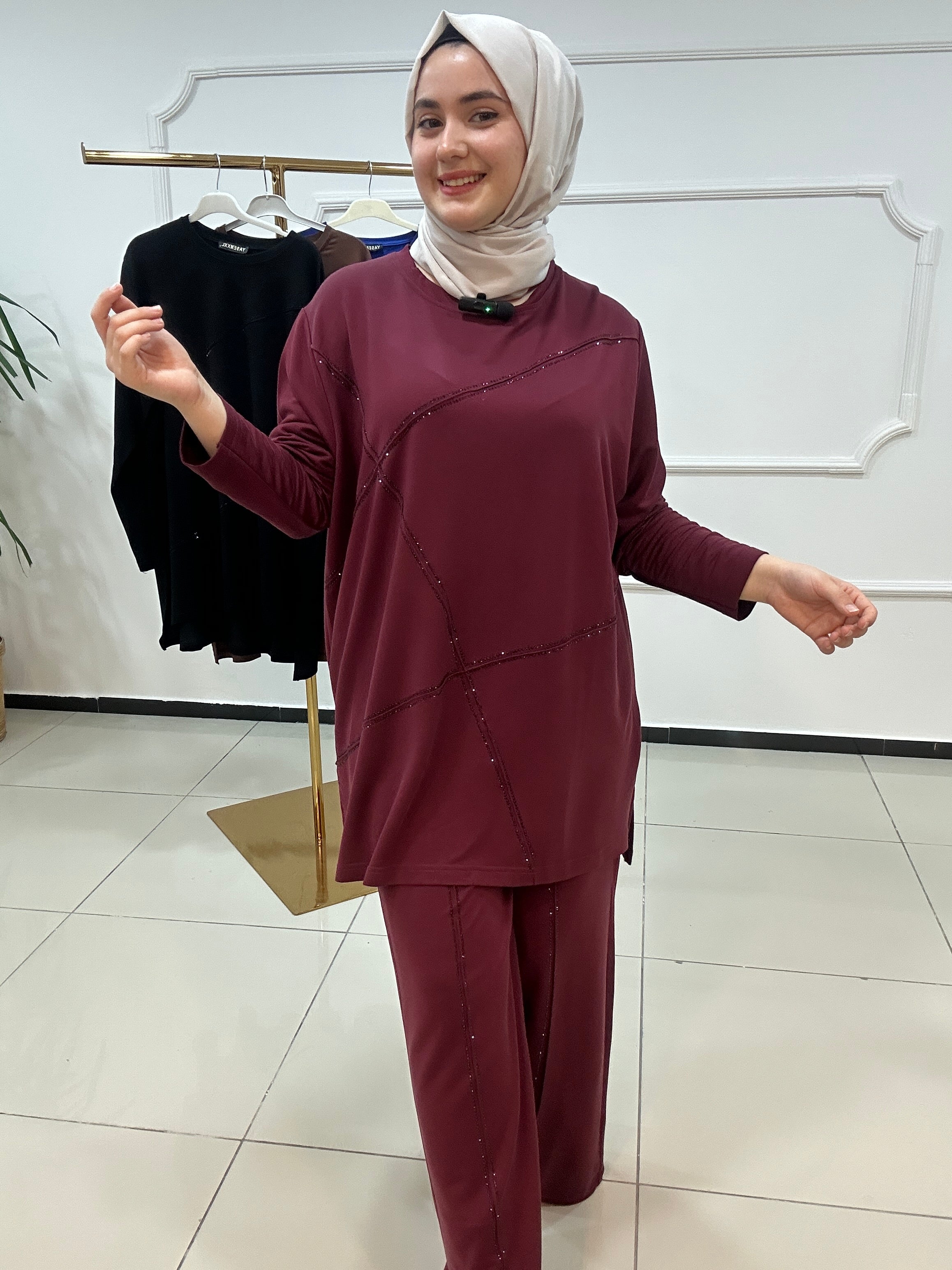 Büyük beden takım taş baskılı - bordo