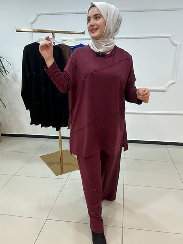 Büyük beden takım taş baskılı - bordo