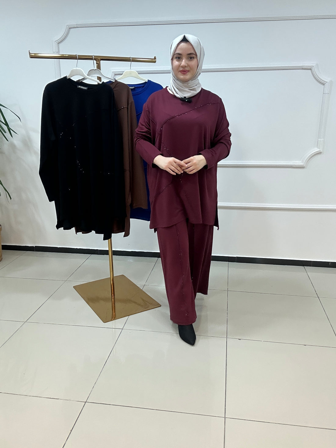 Büyük beden takım taş baskılı - bordo