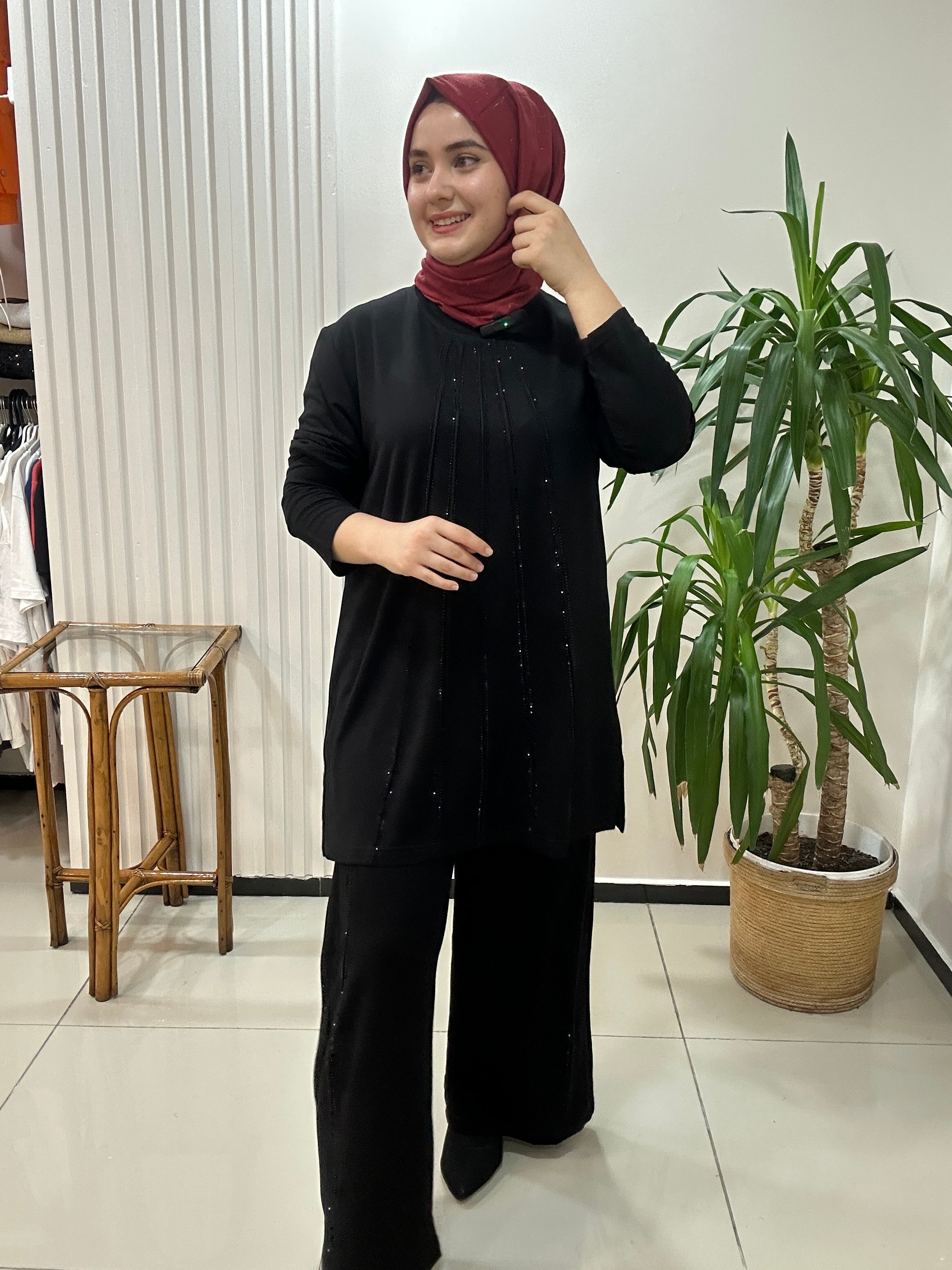 Büyük beden takım taş baskılı - Siyah