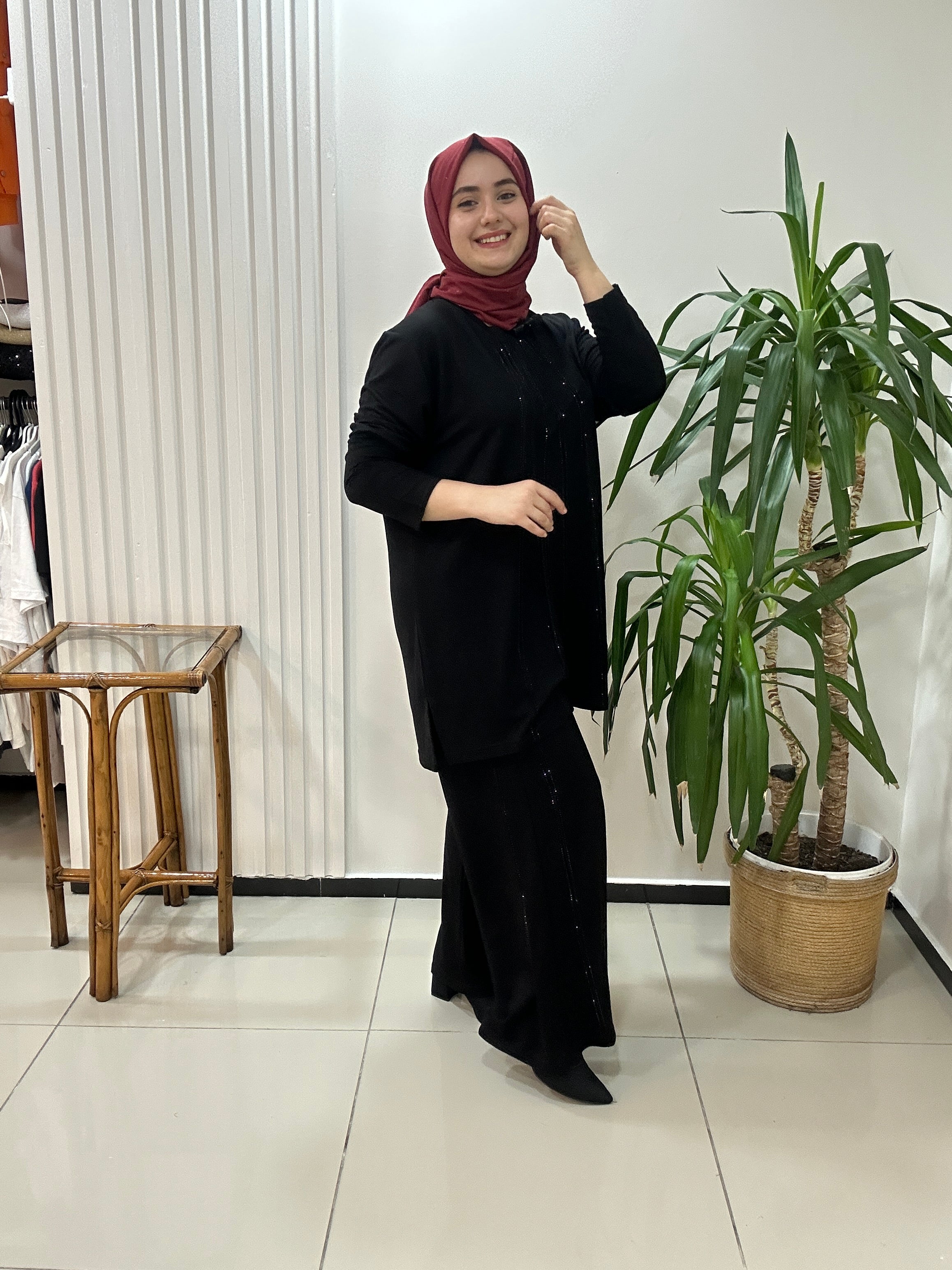 Büyük beden takım taş baskılı - Siyah