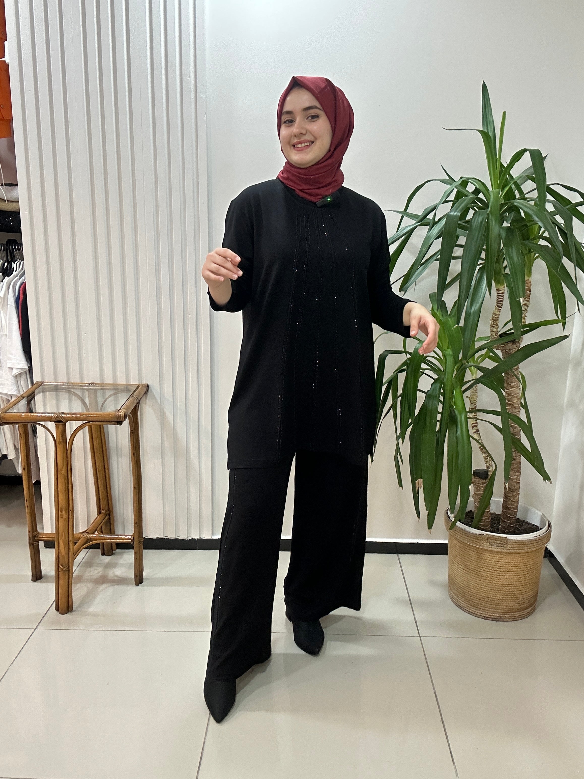 Büyük beden takım taş baskılı - Siyah