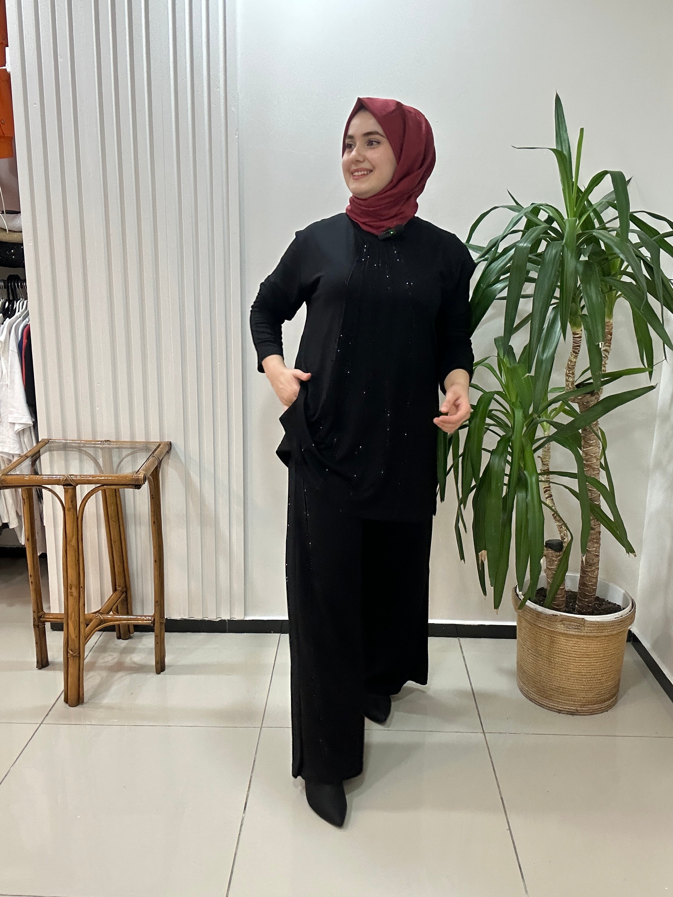 Büyük beden takım taş baskılı - Siyah