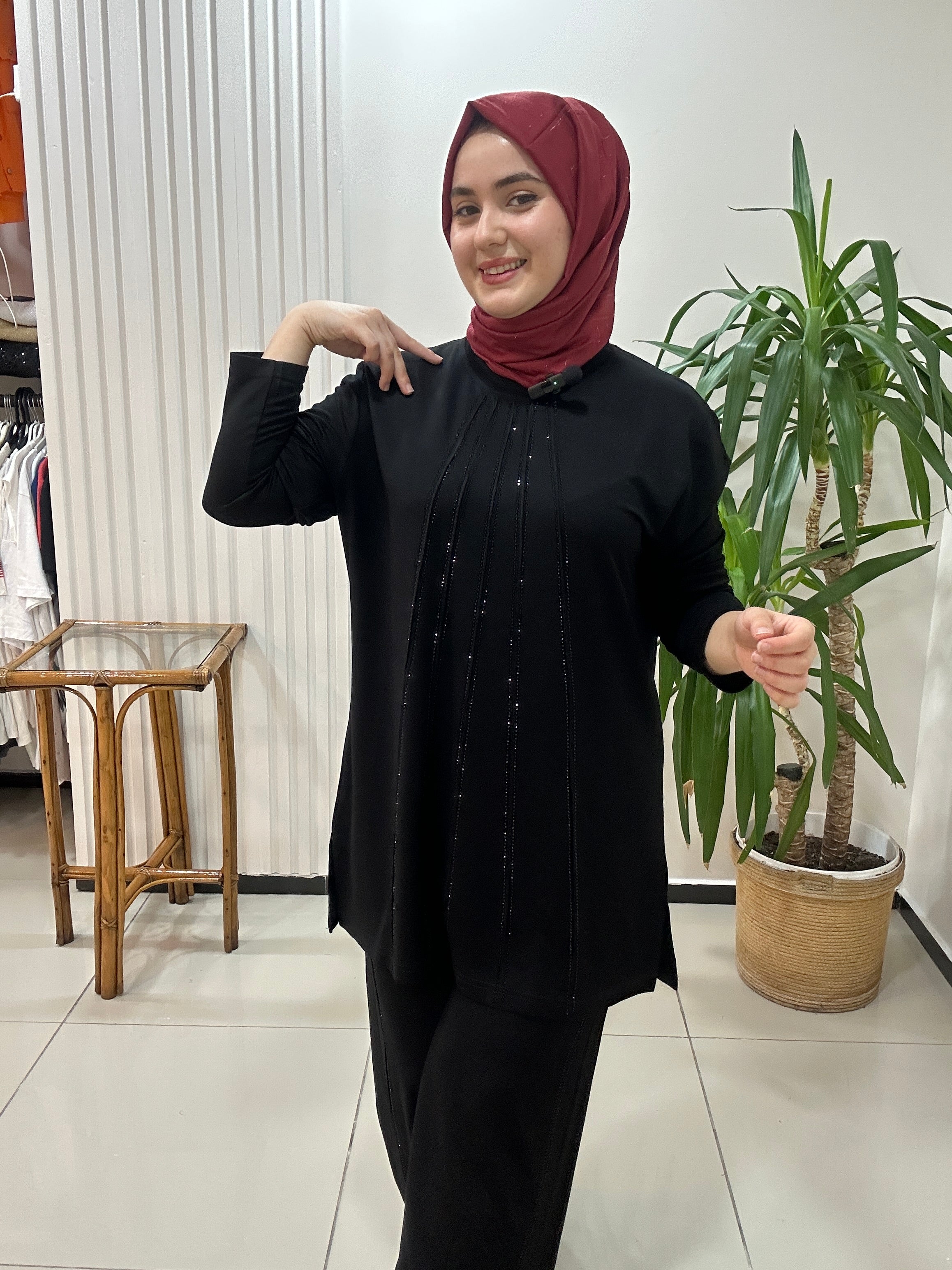 Büyük beden takım taş baskılı - Siyah