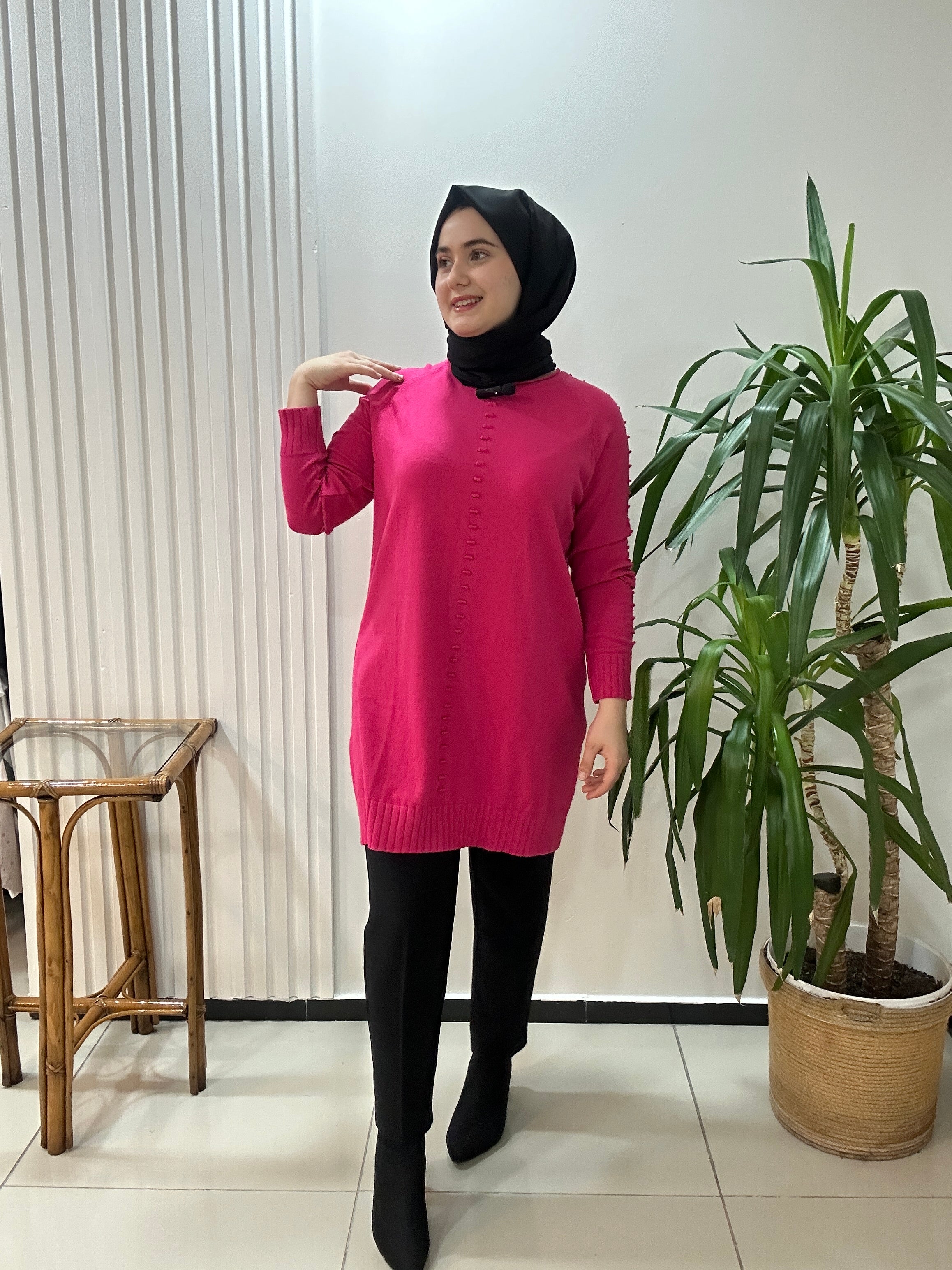 Minimal Desenli Yün Tunik  Fuşya