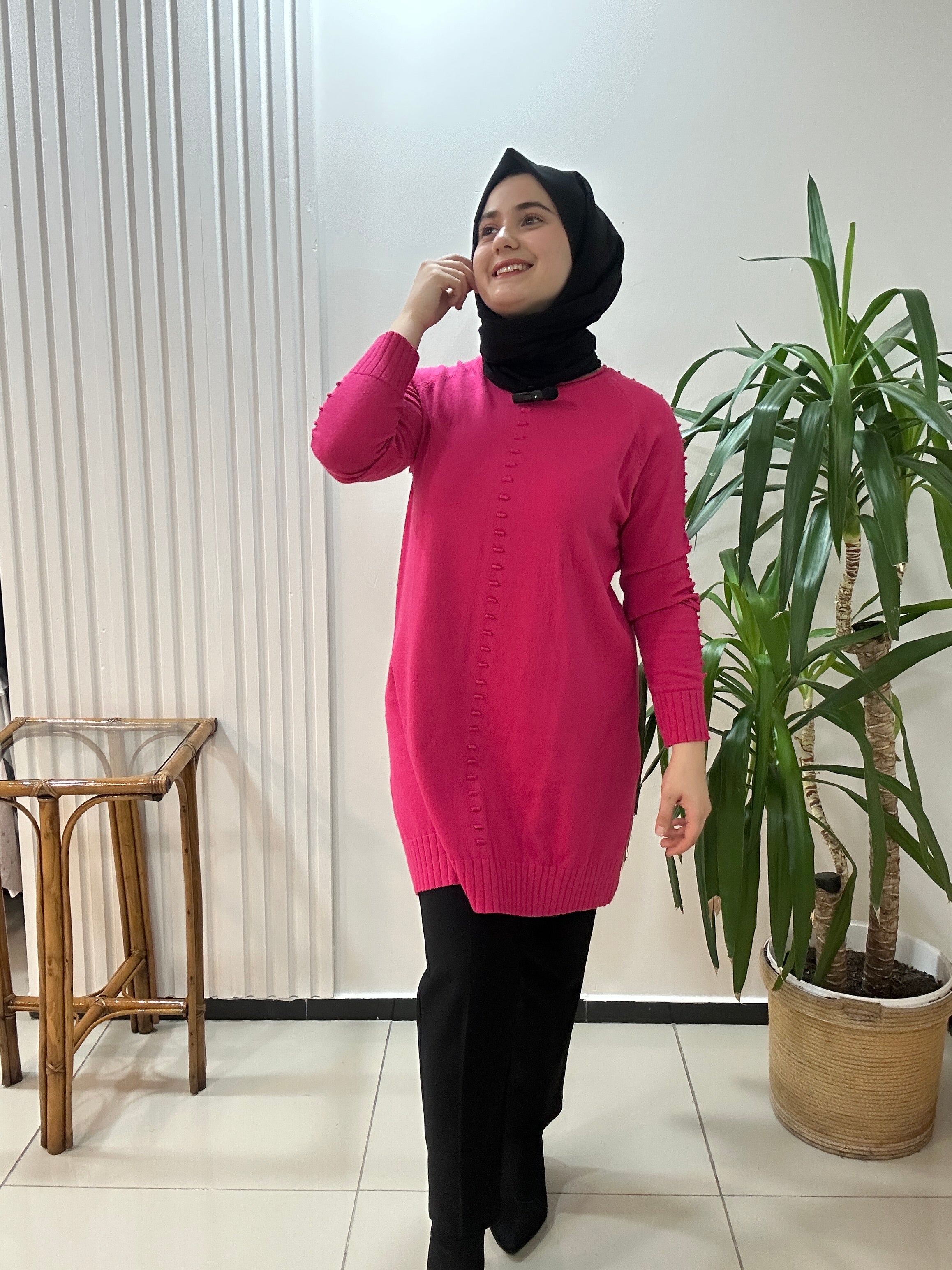 Minimal Desenli Yün Tunik  Fuşya