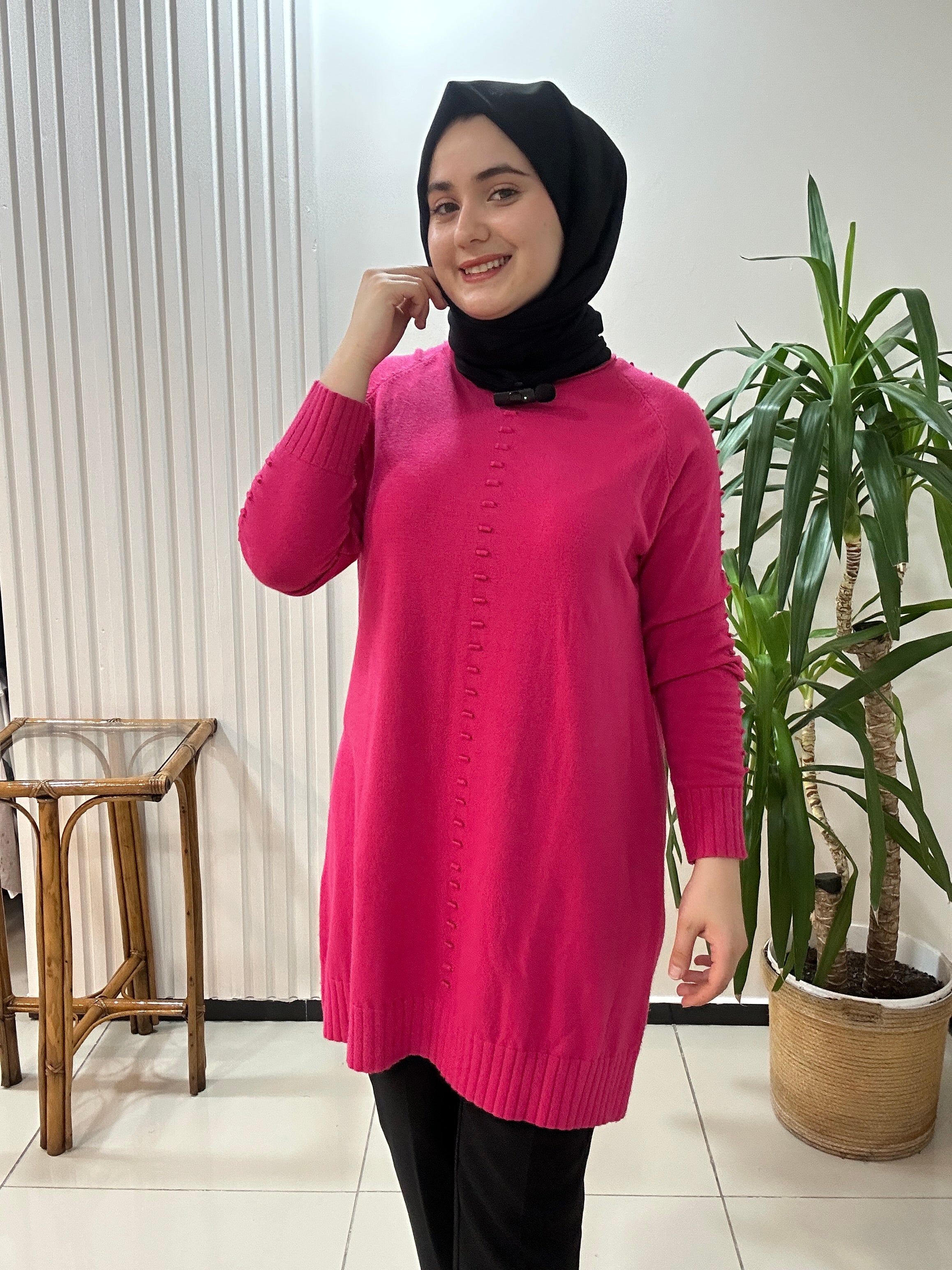 Minimal Desenli Yün Tunik  Fuşya