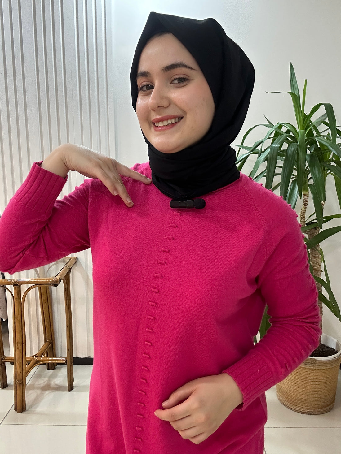 Minimal Desenli Yün Tunik  Fuşya