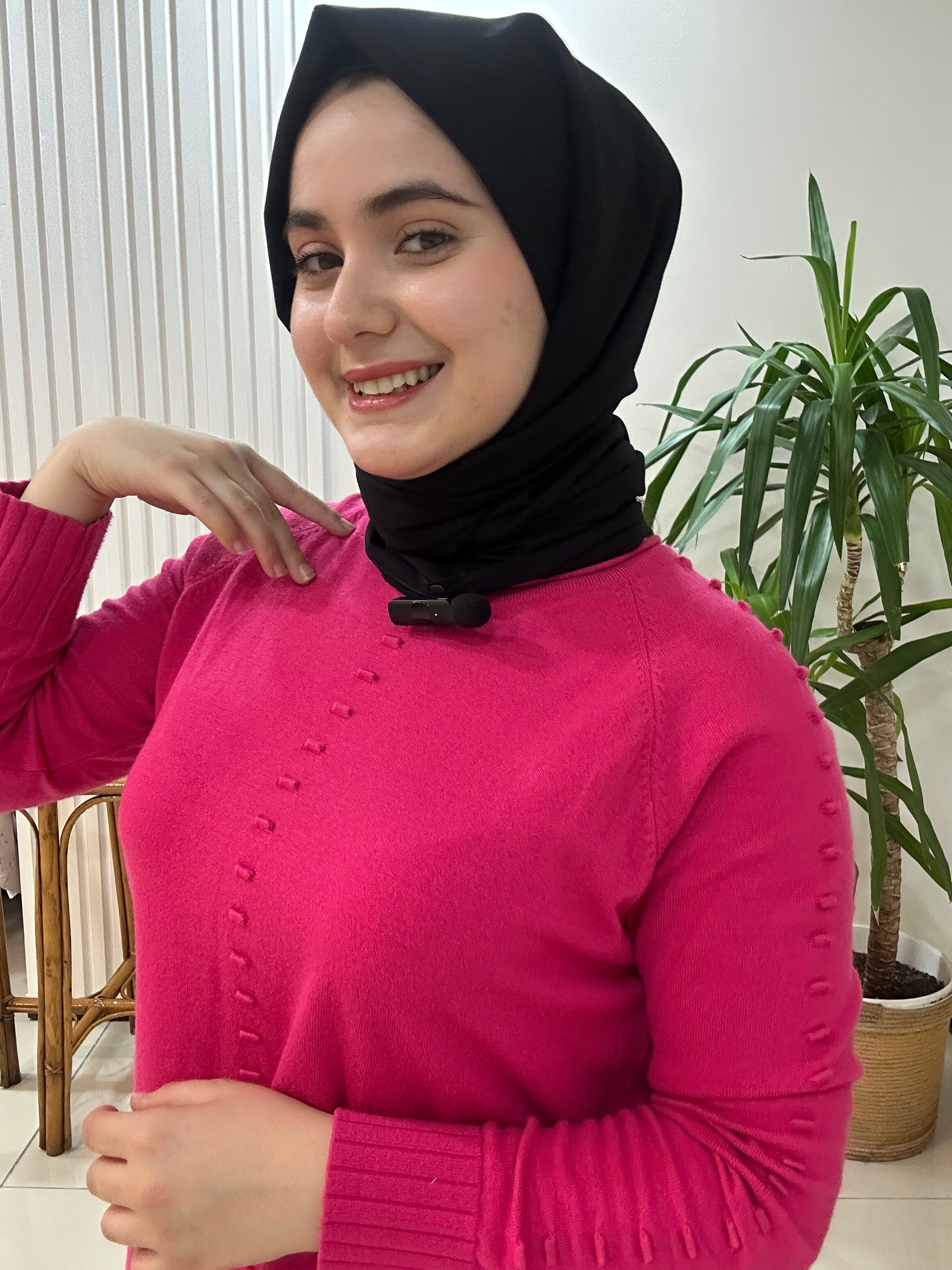 Minimal Desenli Yün Tunik  Fuşya