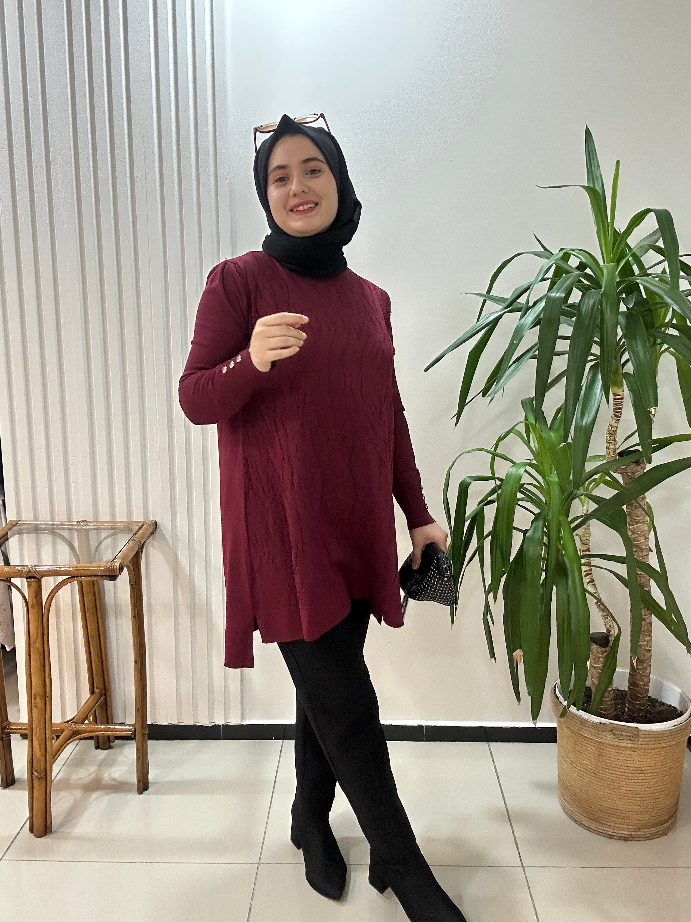 Mermer Desenli Merserize Tunik  Bordo