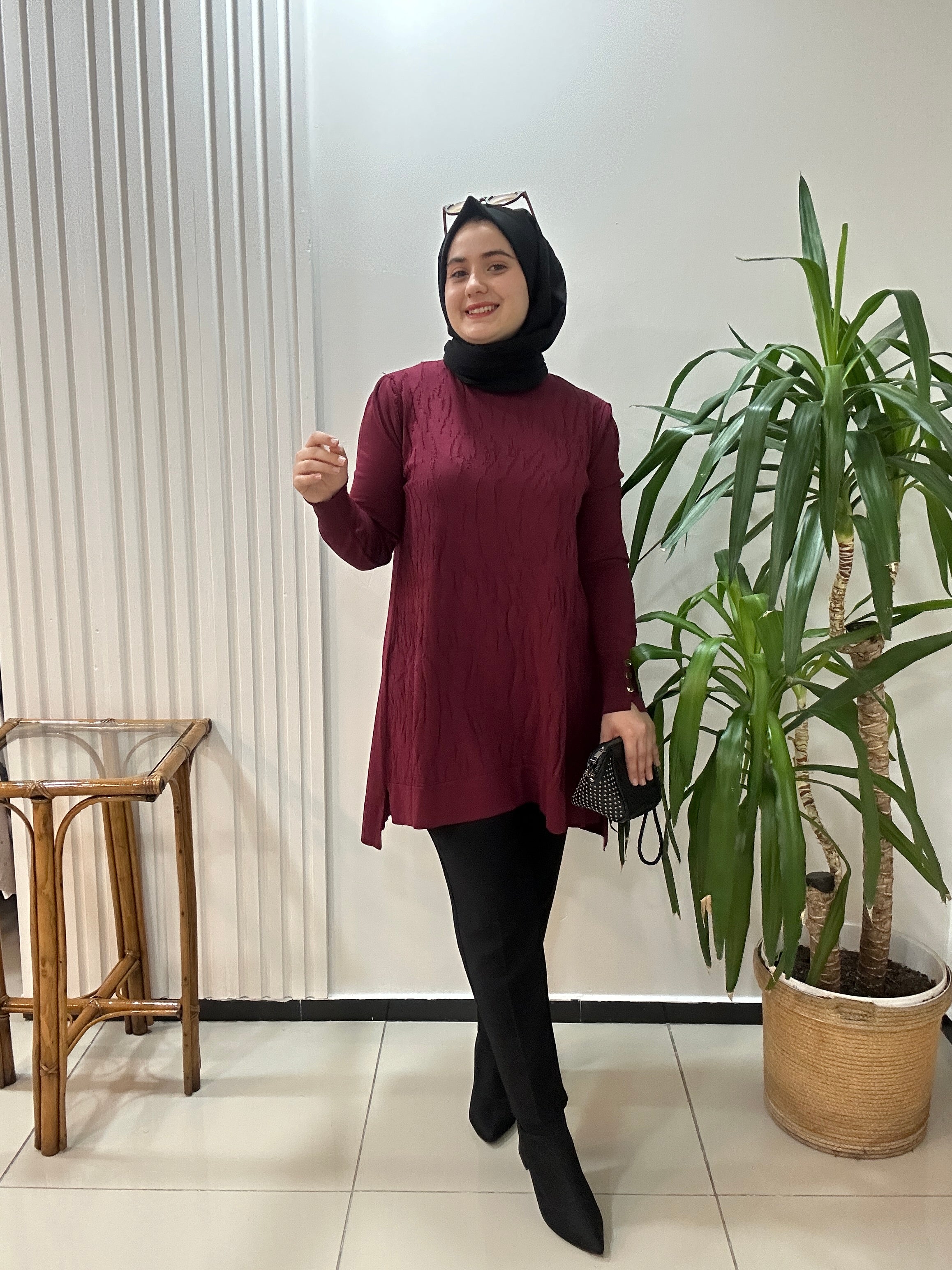 Mermer Desenli Merserize Tunik  Bordo