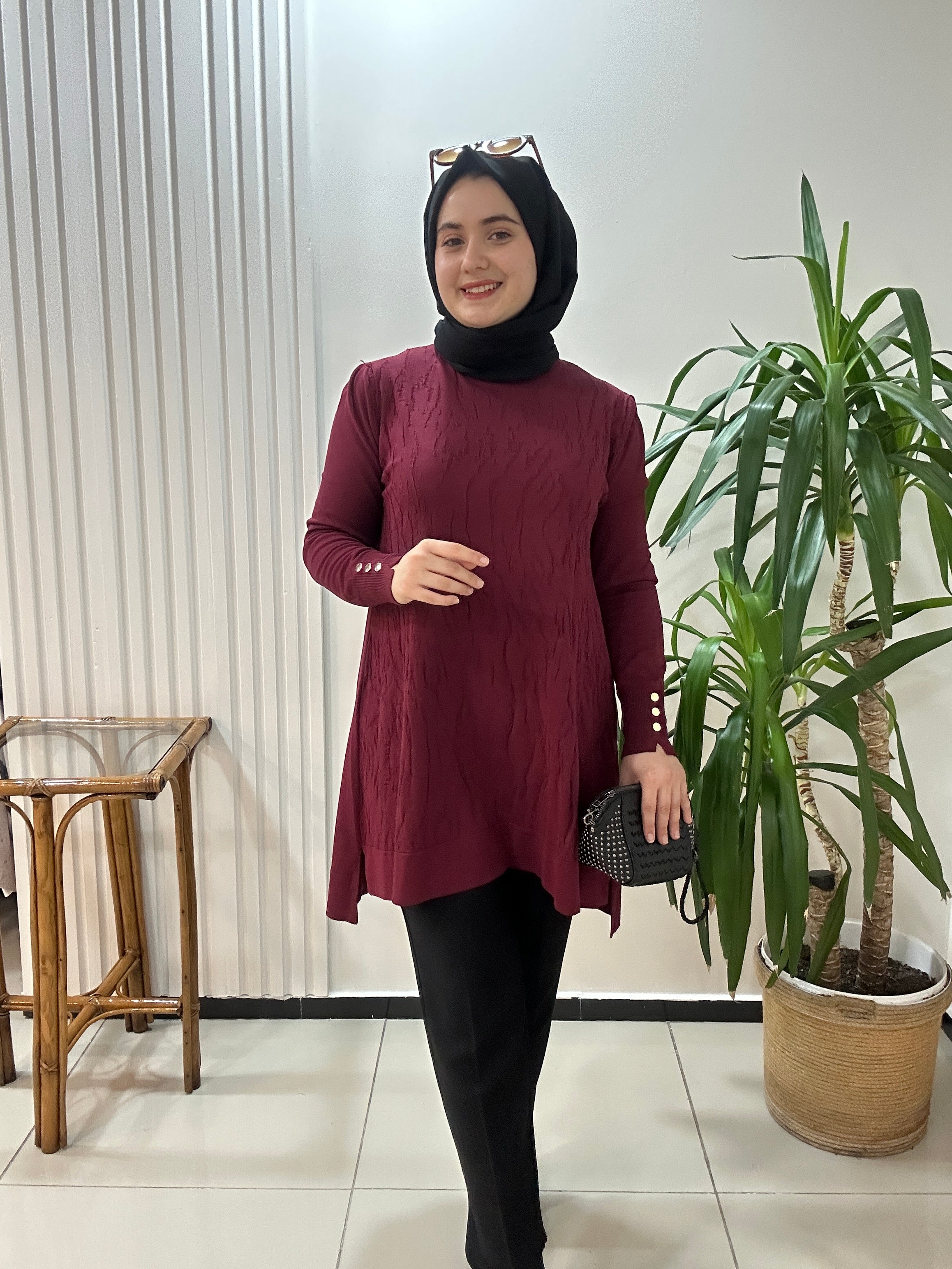 Mermer Desenli Merserize Tunik  Bordo