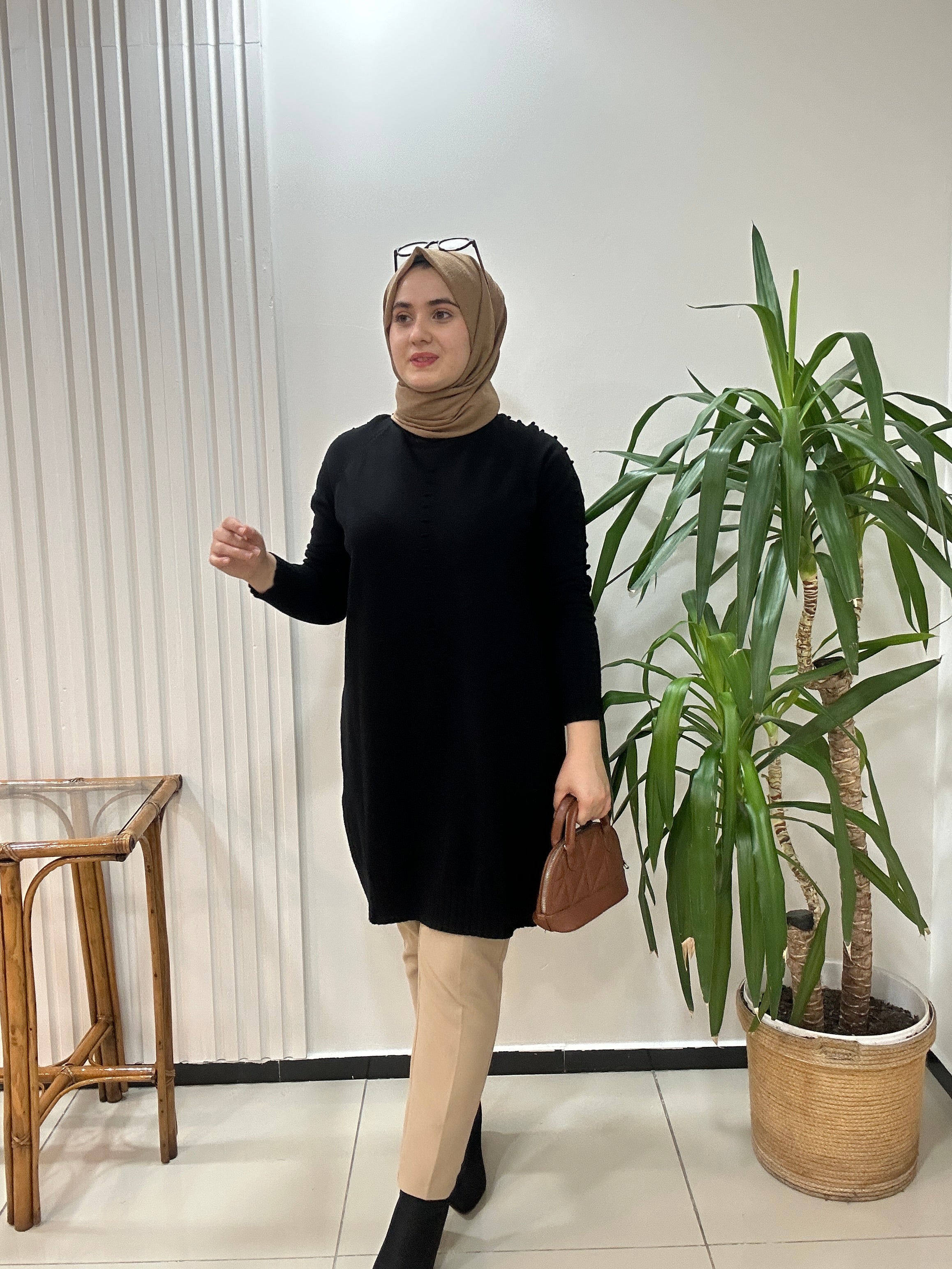 Minimal Desenli Yün Tunik  Fuşya