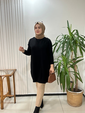 Minimal Desenli Yün Tunik  Siyah