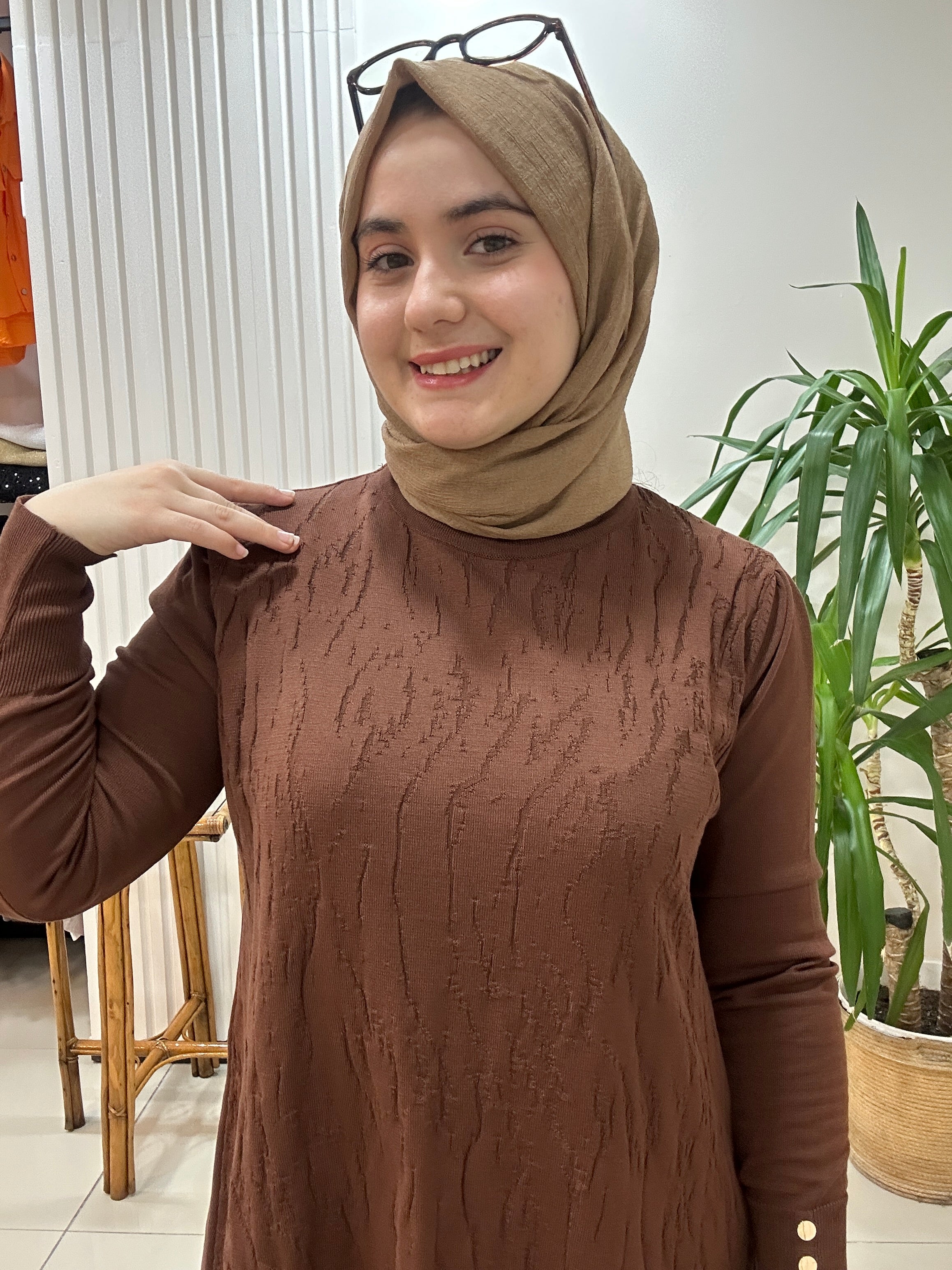 Mermer Desenli Merserize Tunik  Kahve Rengi