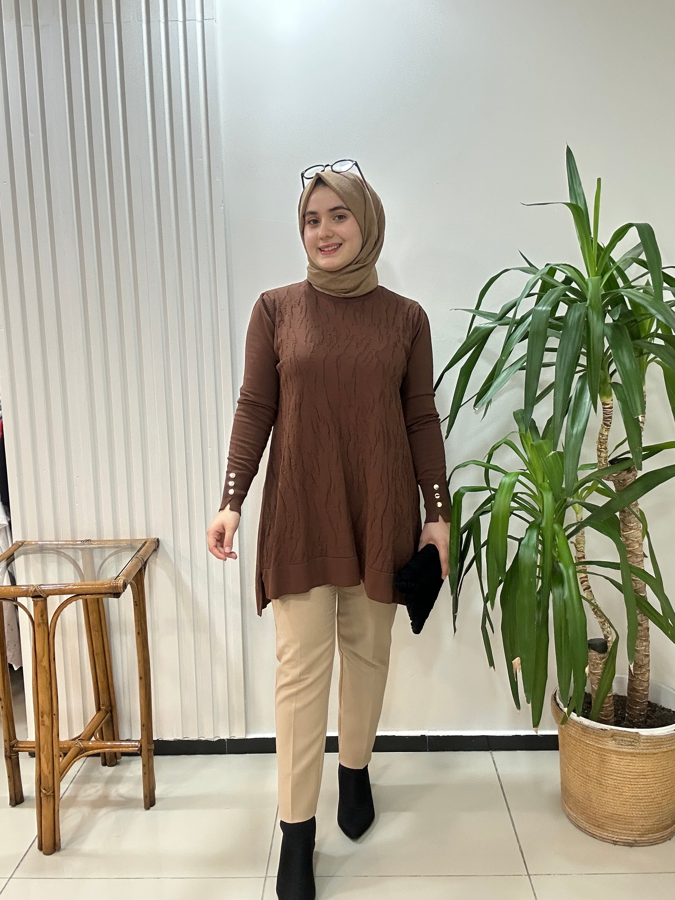 Mermer Desenli Merserize Tunik  Kahve Rengi