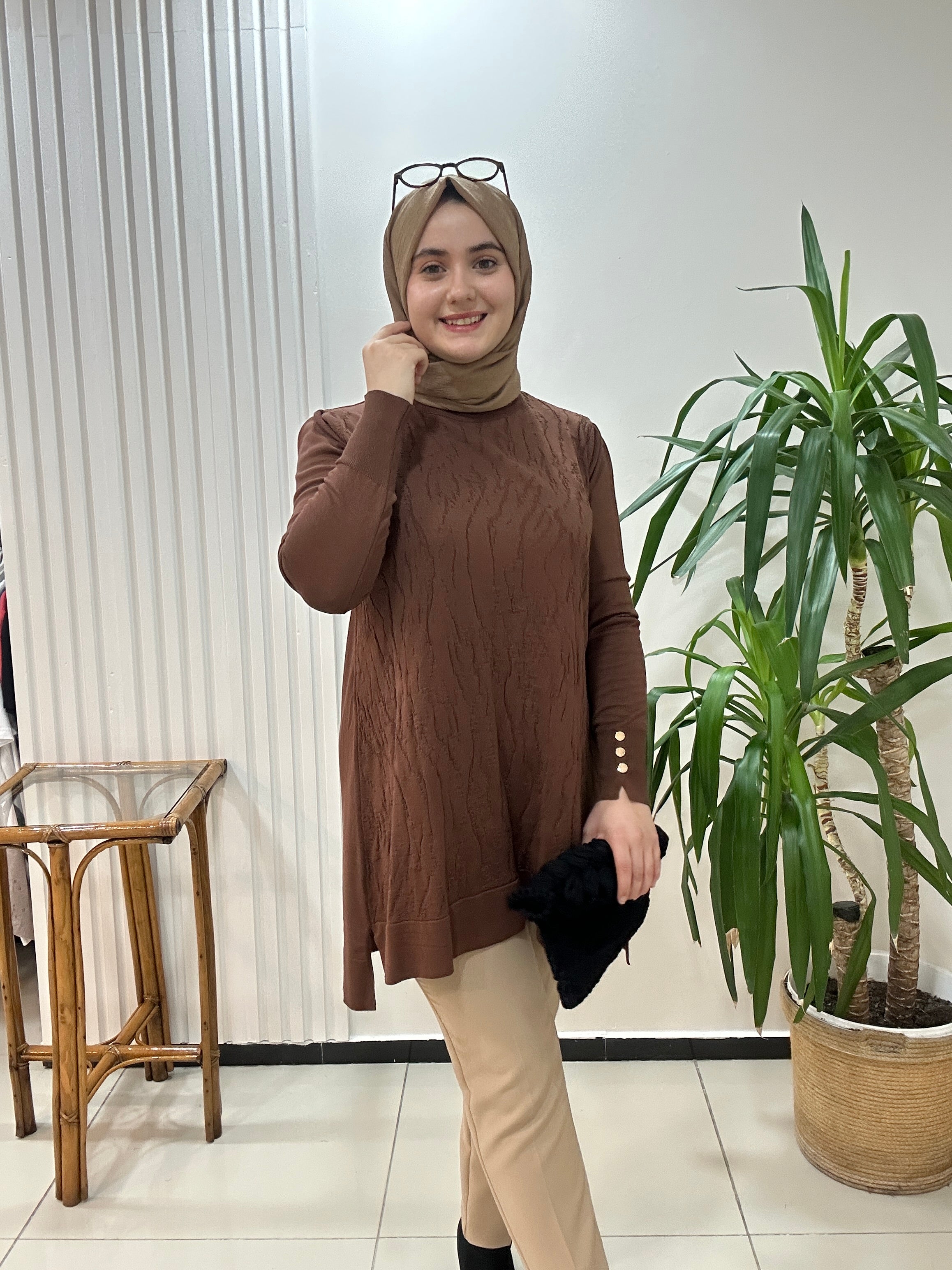 Mermer Desenli Merserize Tunik  Kahve Rengi