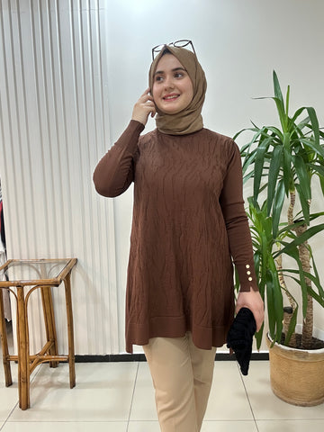 Mermer Desenli Merserize Tunik  Kahve Rengi