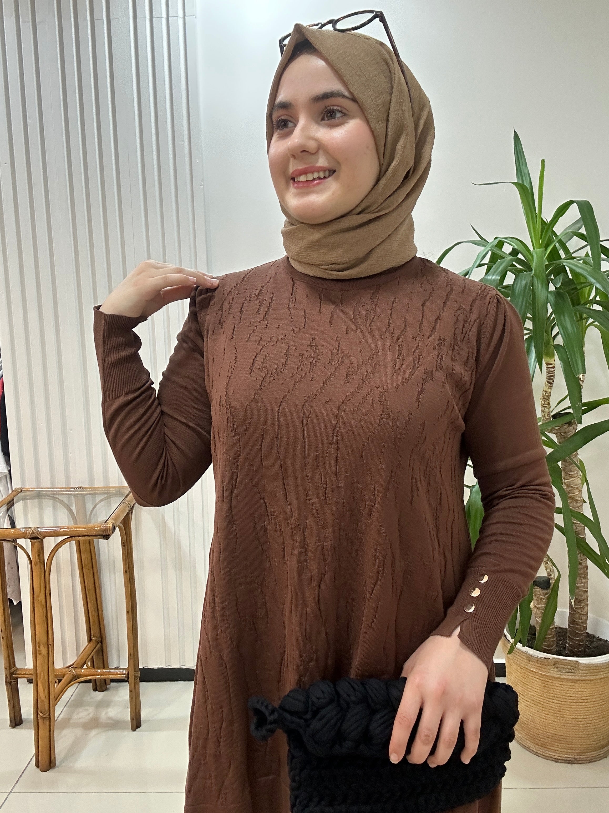 Mermer Desenli Merserize Tunik  Kahve Rengi