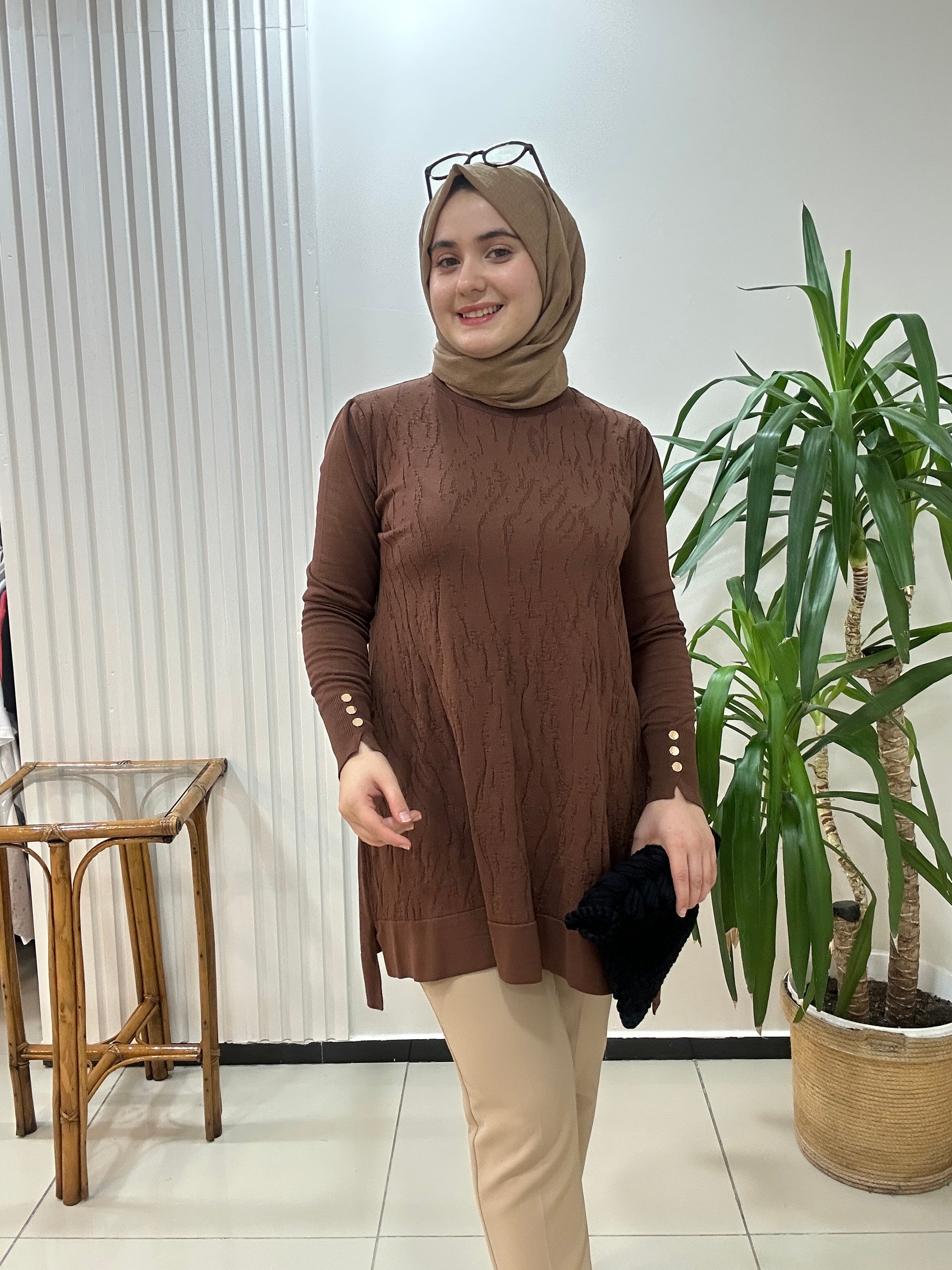 Mermer Desenli Merserize Tunik  Kahve Rengi