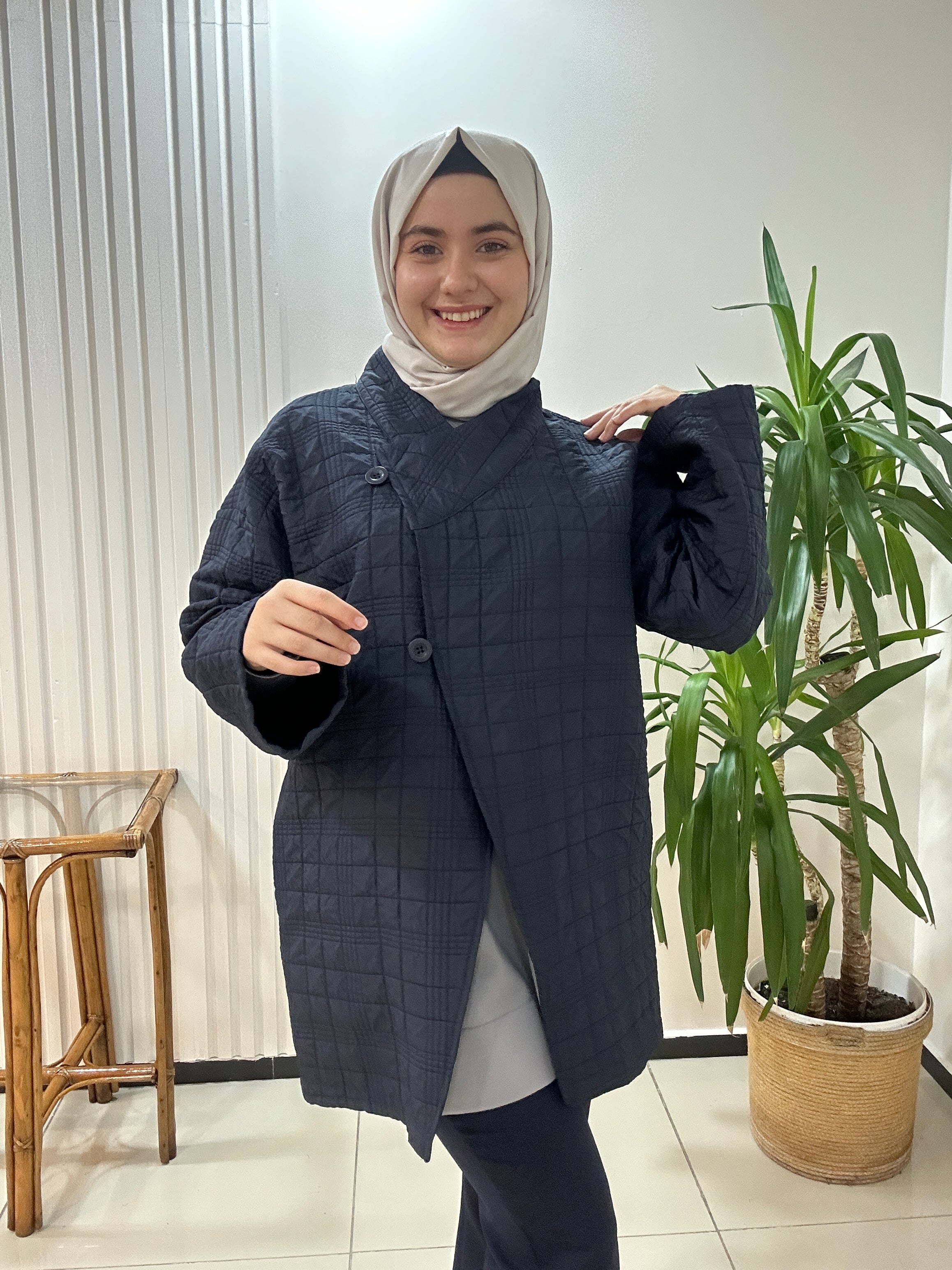 Dokuma Kapitone Trençkot Lacivert Mürdüm