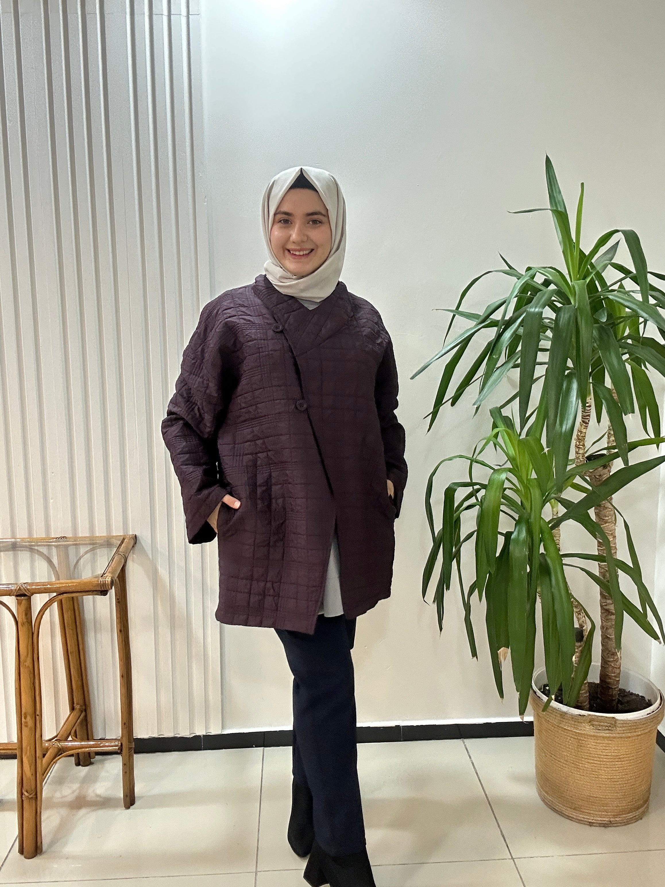 Dokuma Kapitone Trençkot Lacivert Mürdüm