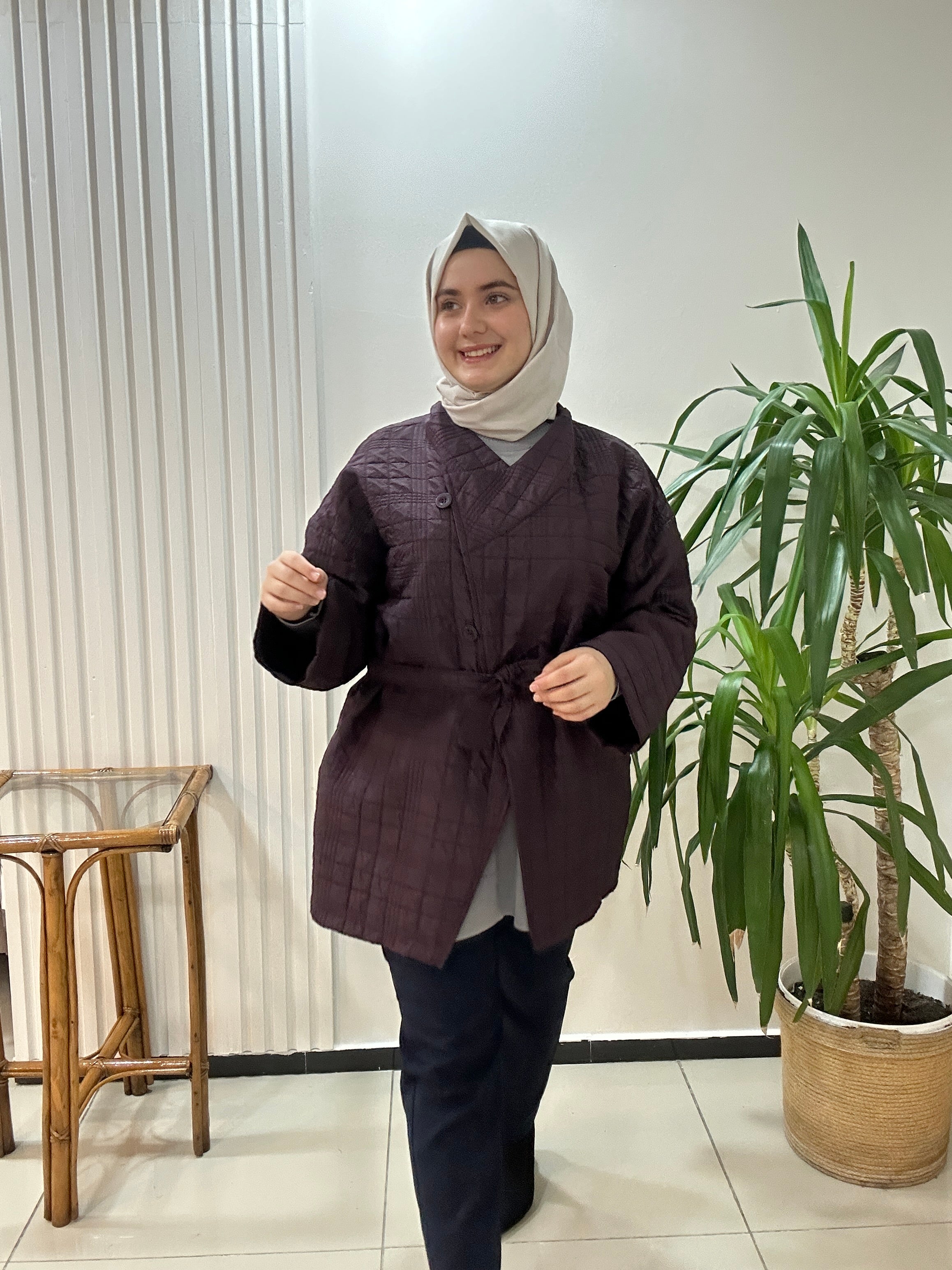 Dokuma Kapitone Trençkot Lacivert Mürdüm