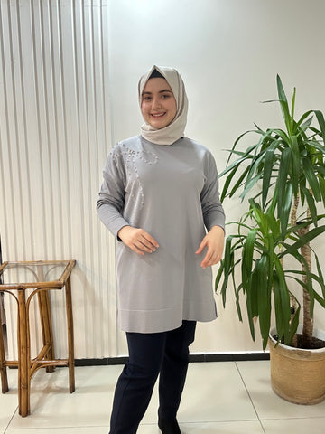Fiyonk Taşlı Merserize Tunik Gri