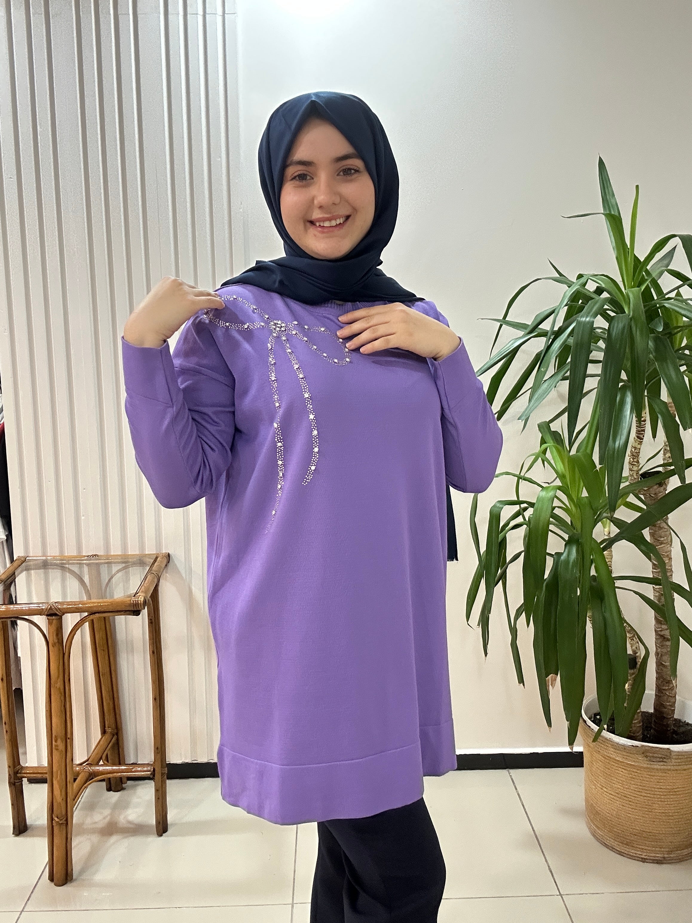 Fiyonk Taşlı Merserize Tunik Mor