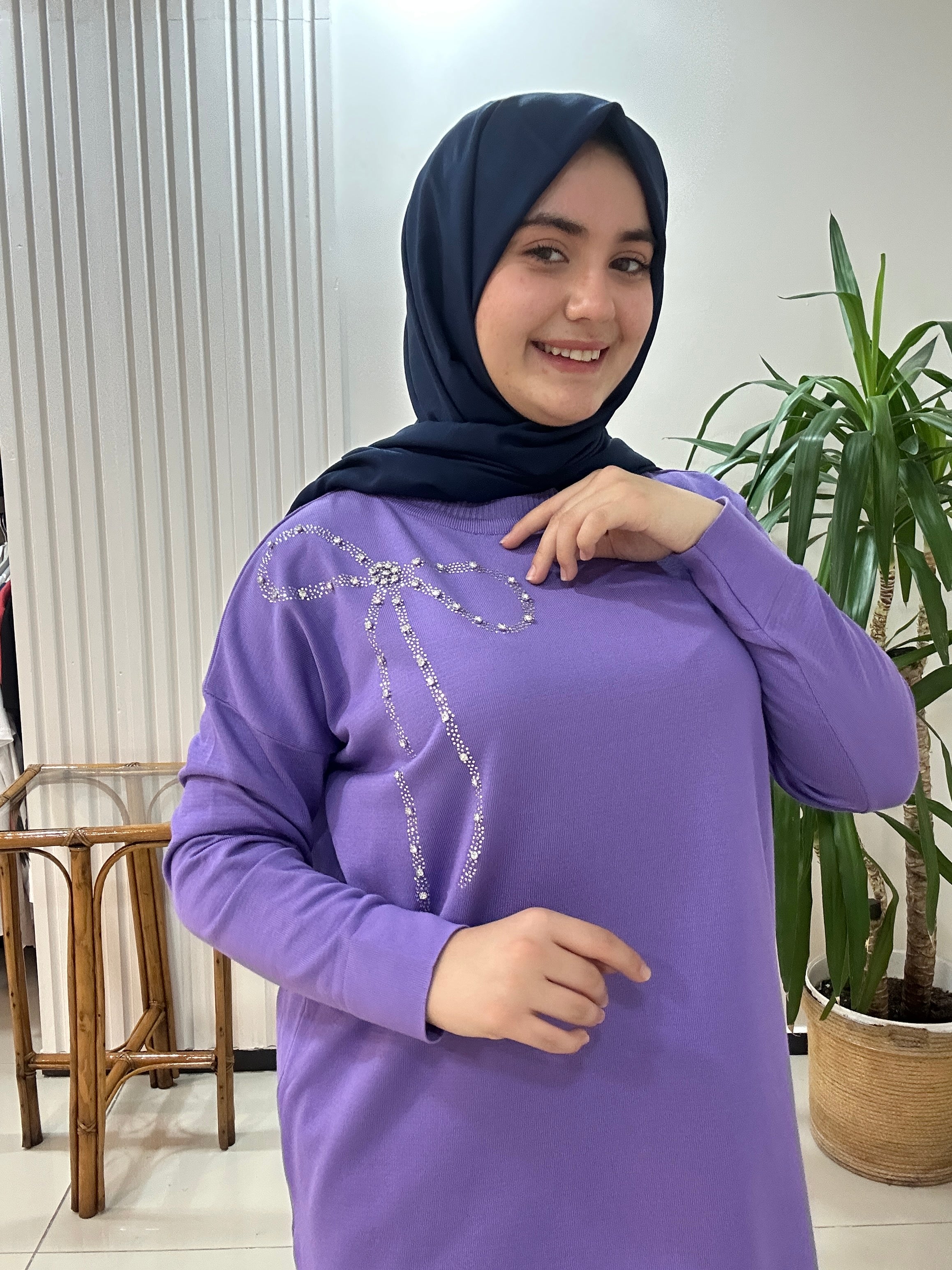 Fiyonk Taşlı Merserize Tunik Mor