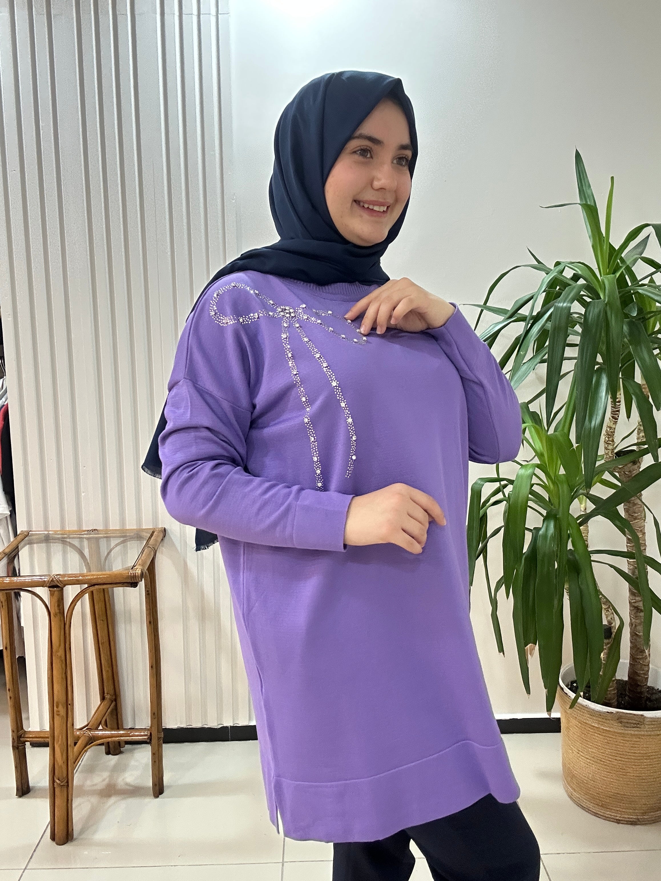 Fiyonk Taşlı Merserize Tunik Mor