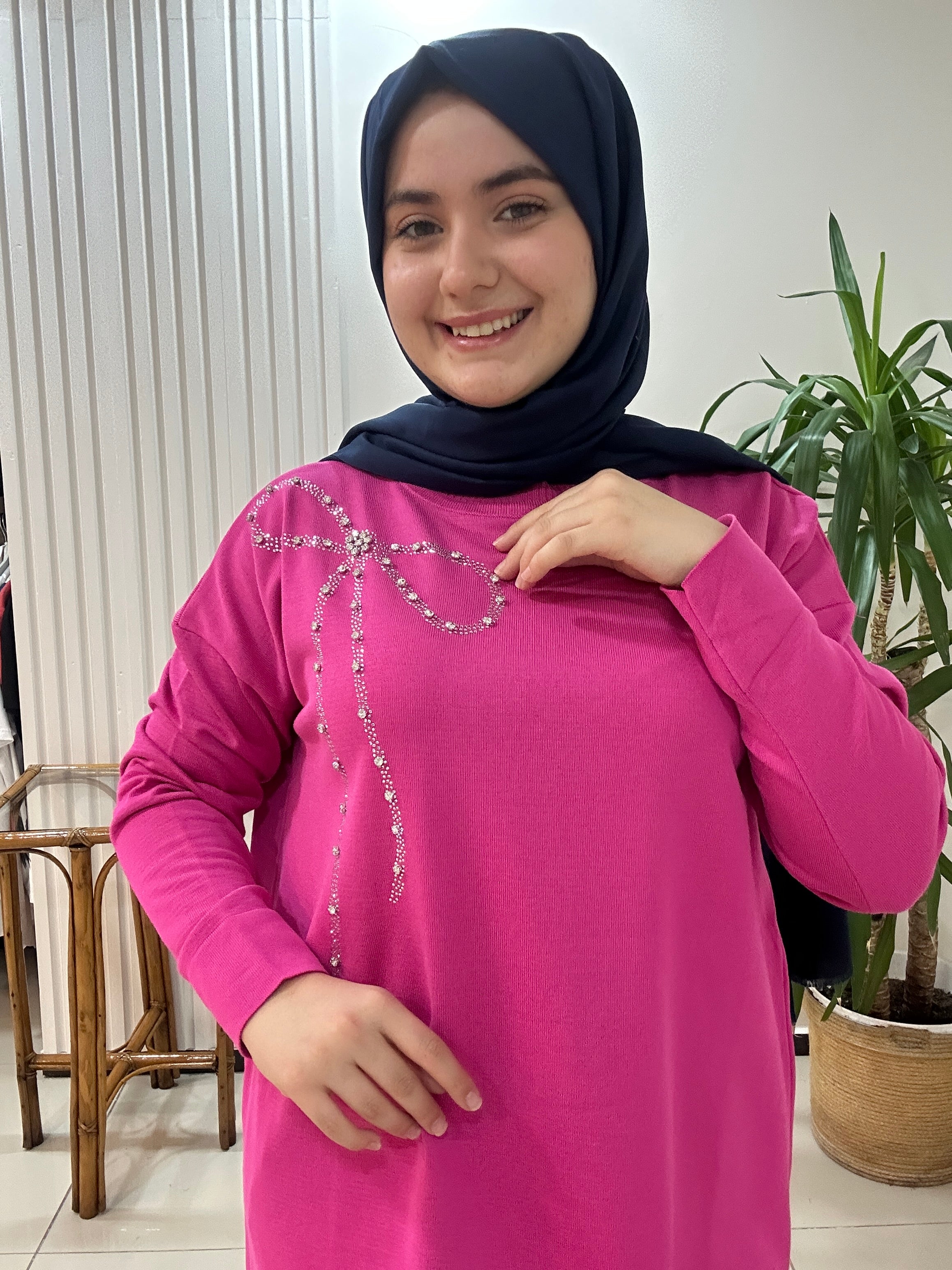 Fiyonk Taşlı Merserize Tunik Gri