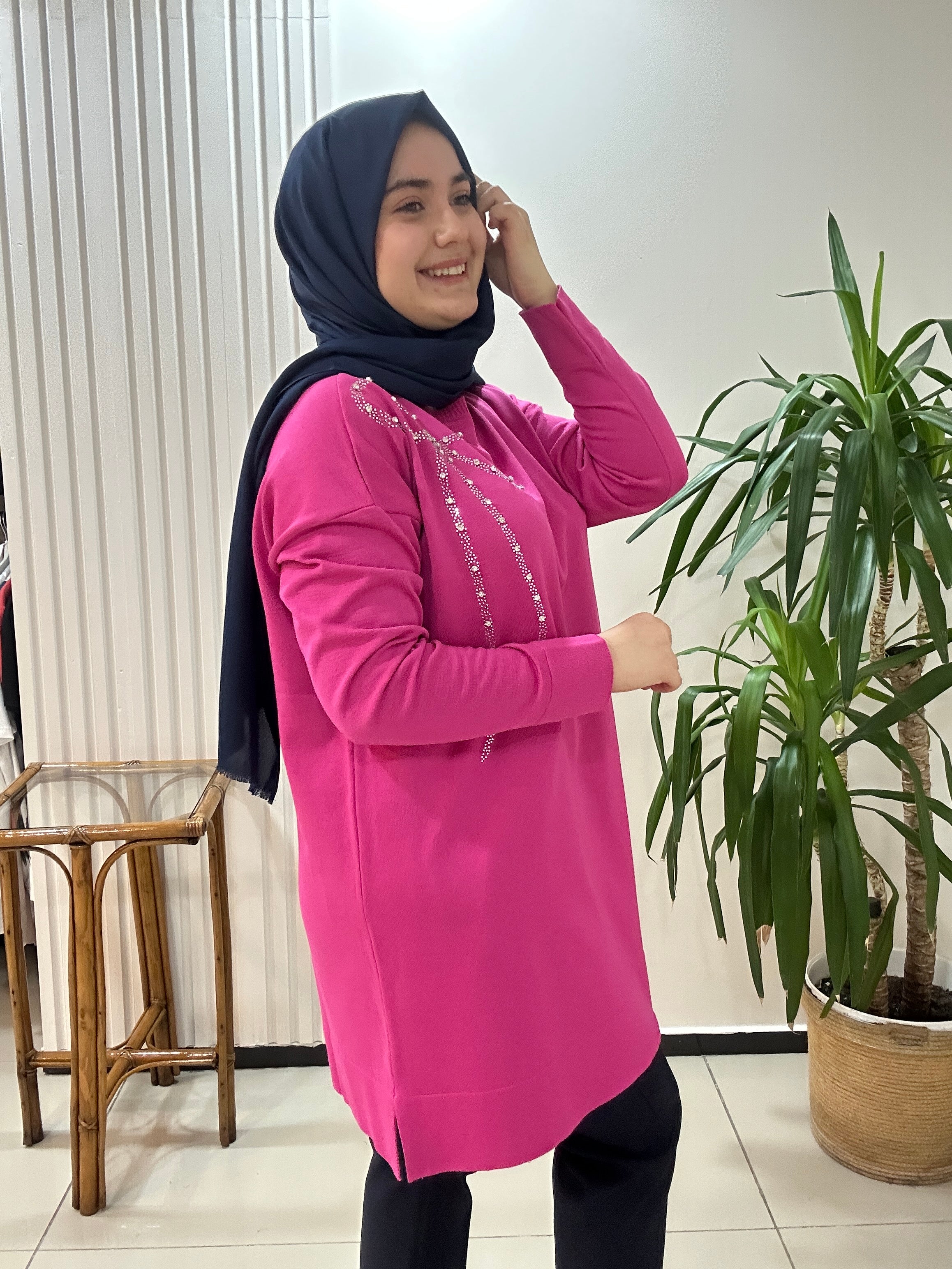 Fiyonk Taşlı Merserize Tunik Fuşya