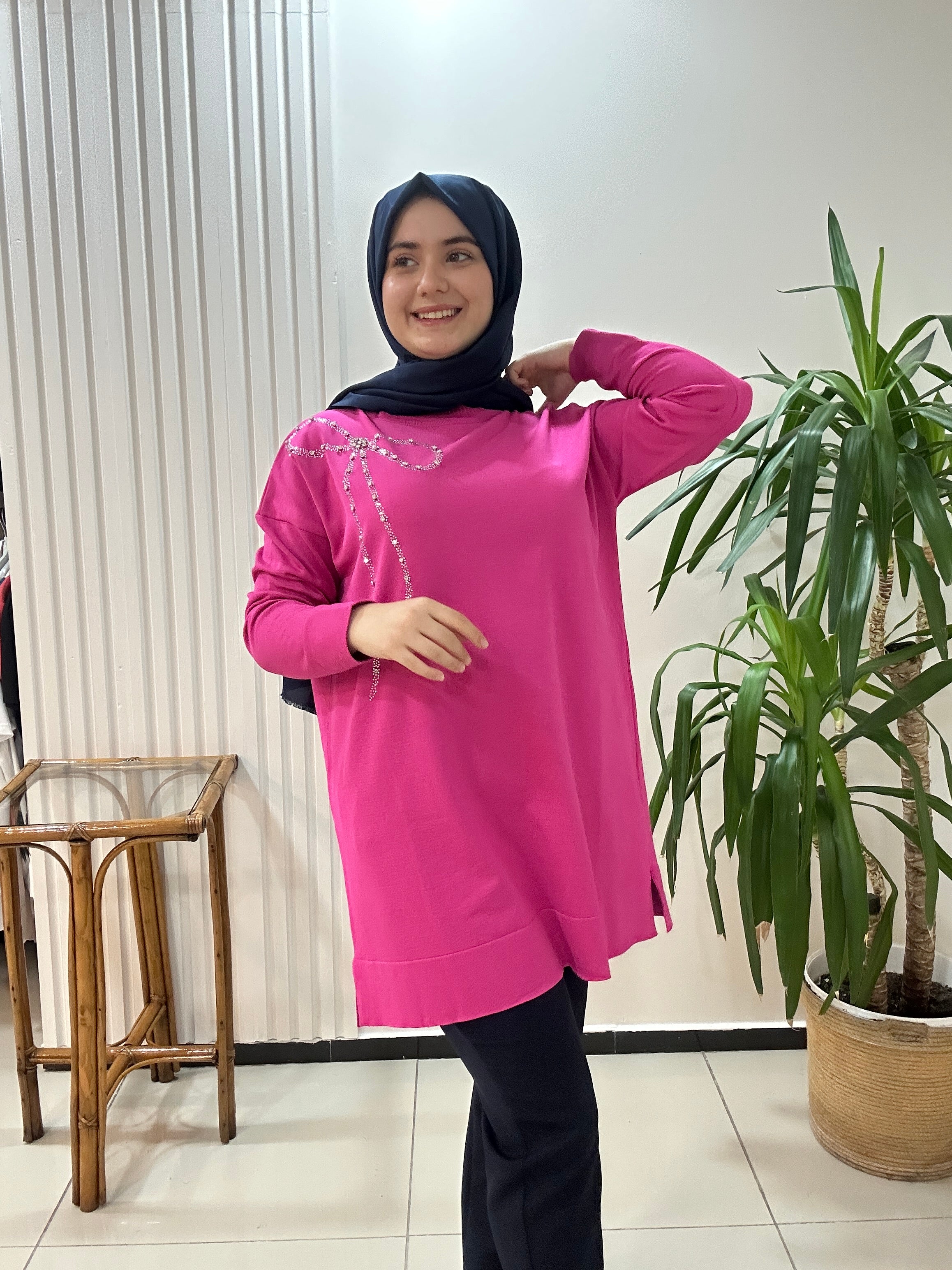 Fiyonk Taşlı Merserize Tunik Fuşya