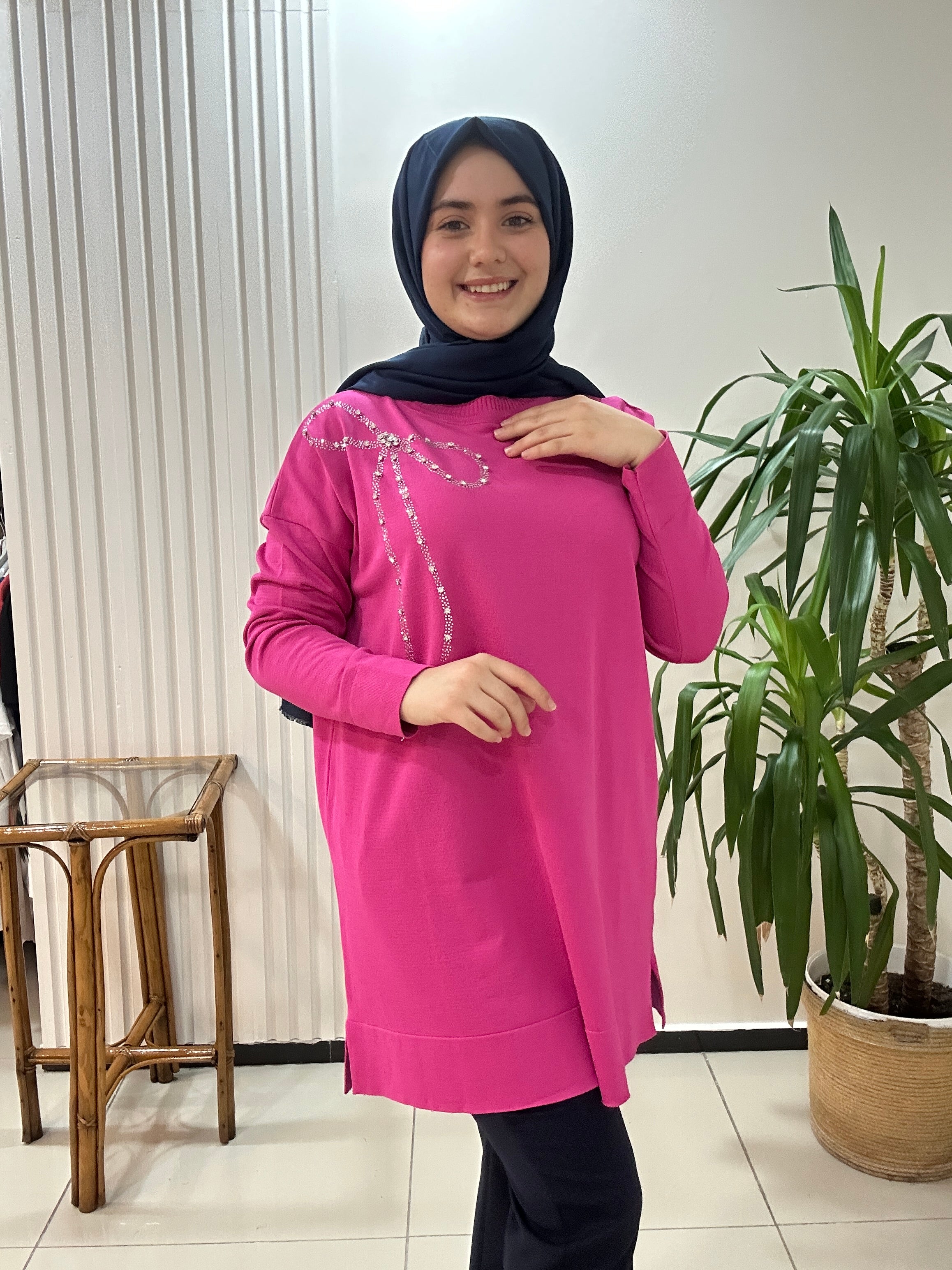 Fiyonk Taşlı Merserize Tunik Fuşya