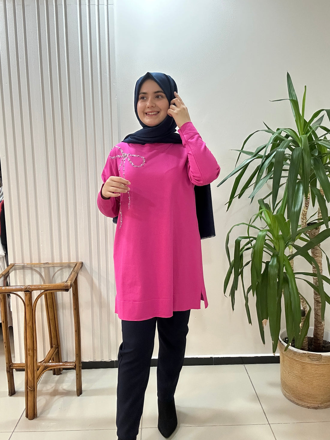 Fiyonk Taşlı Merserize Tunik Fuşya