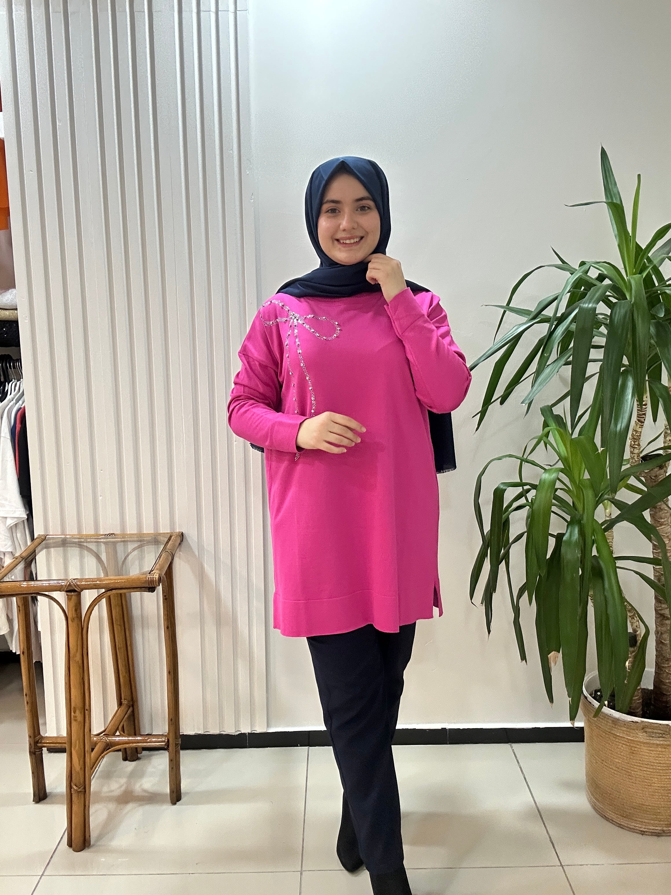 Fiyonk Taşlı Merserize Tunik Fuşya