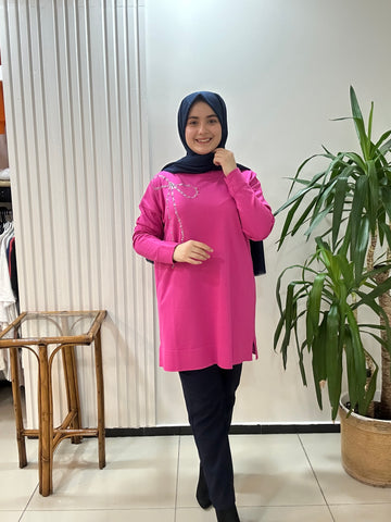 Fiyonk Taşlı Merserize Tunik Fuşya