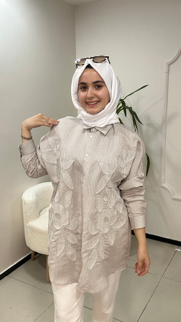 Çizgili işlemeli Gömlek