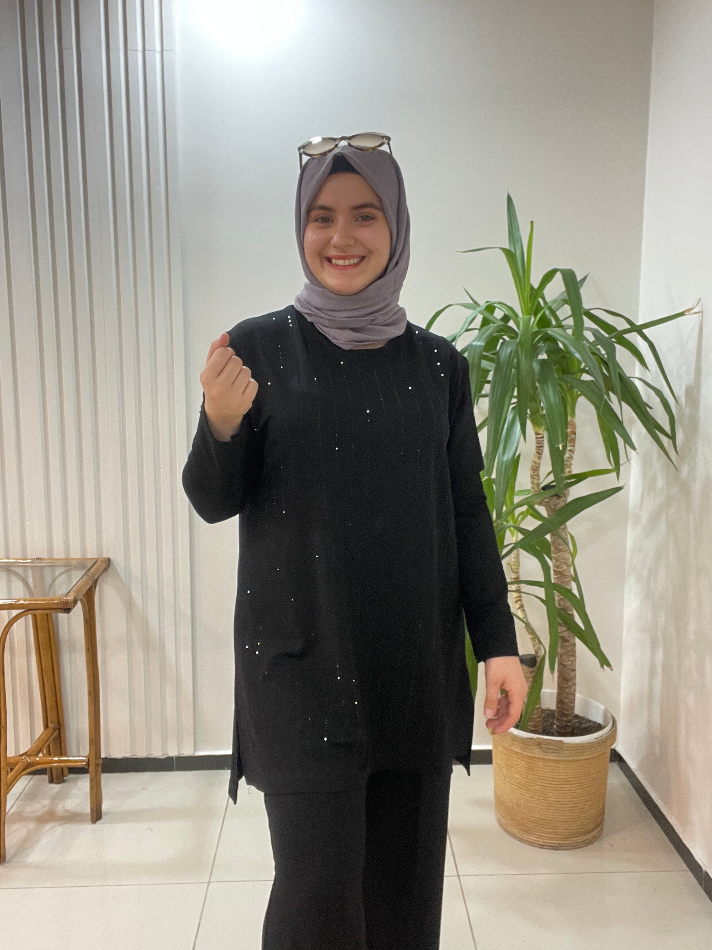 Taşlı Büyük Beden Takım Siyah