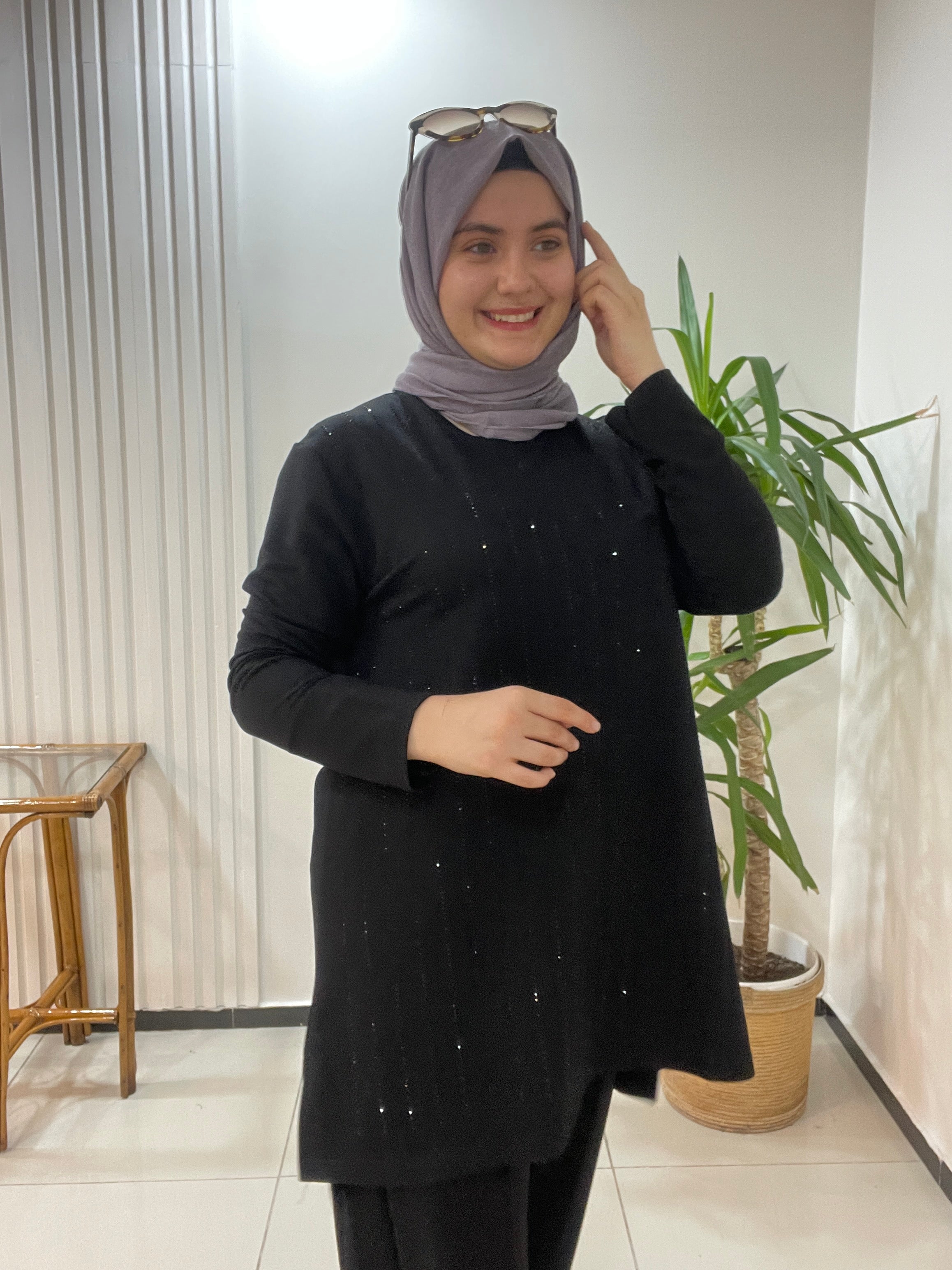 Taşlı Büyük Beden Takım Siyah