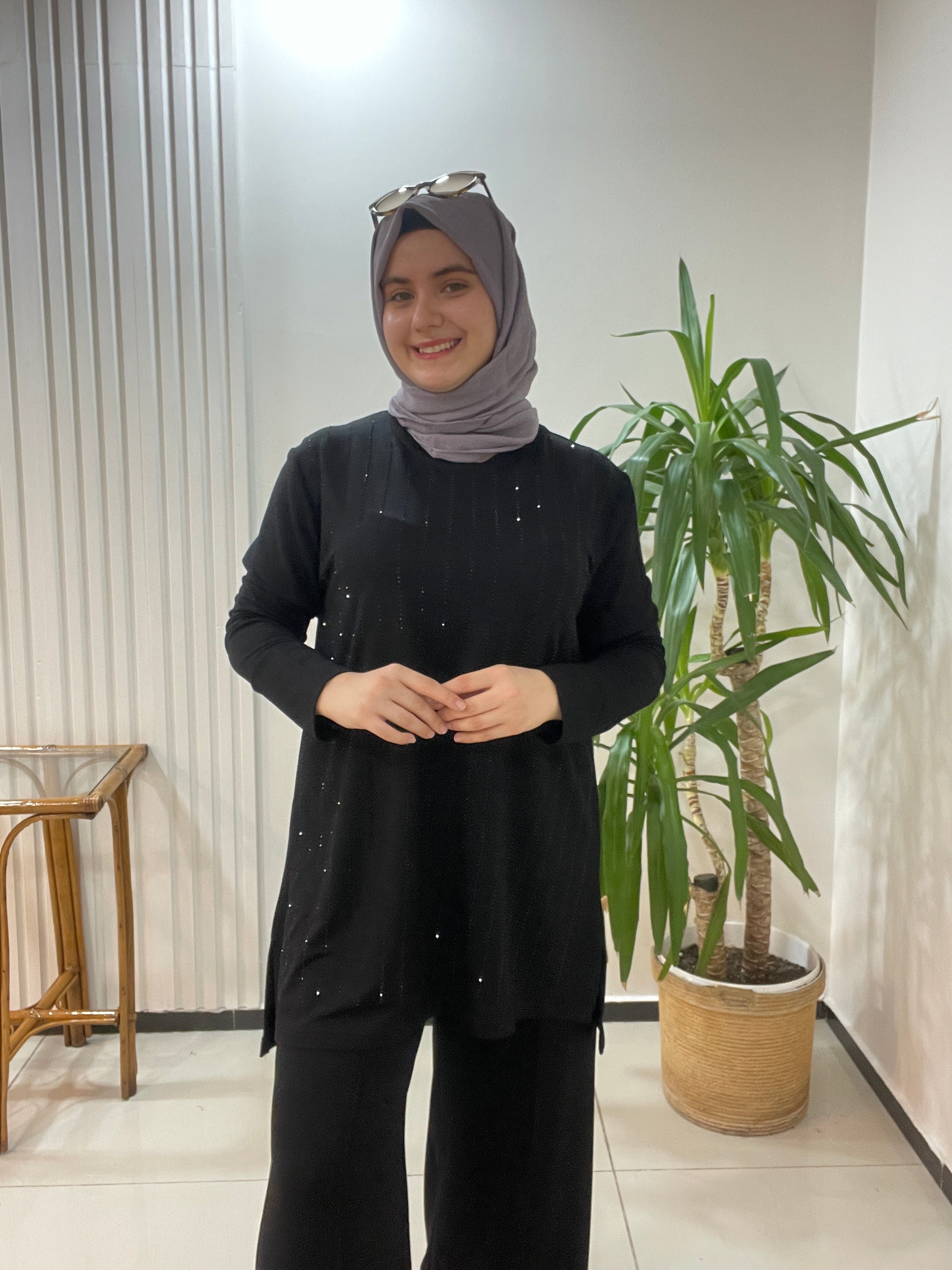 Taşlı Büyük Beden Takım Siyah