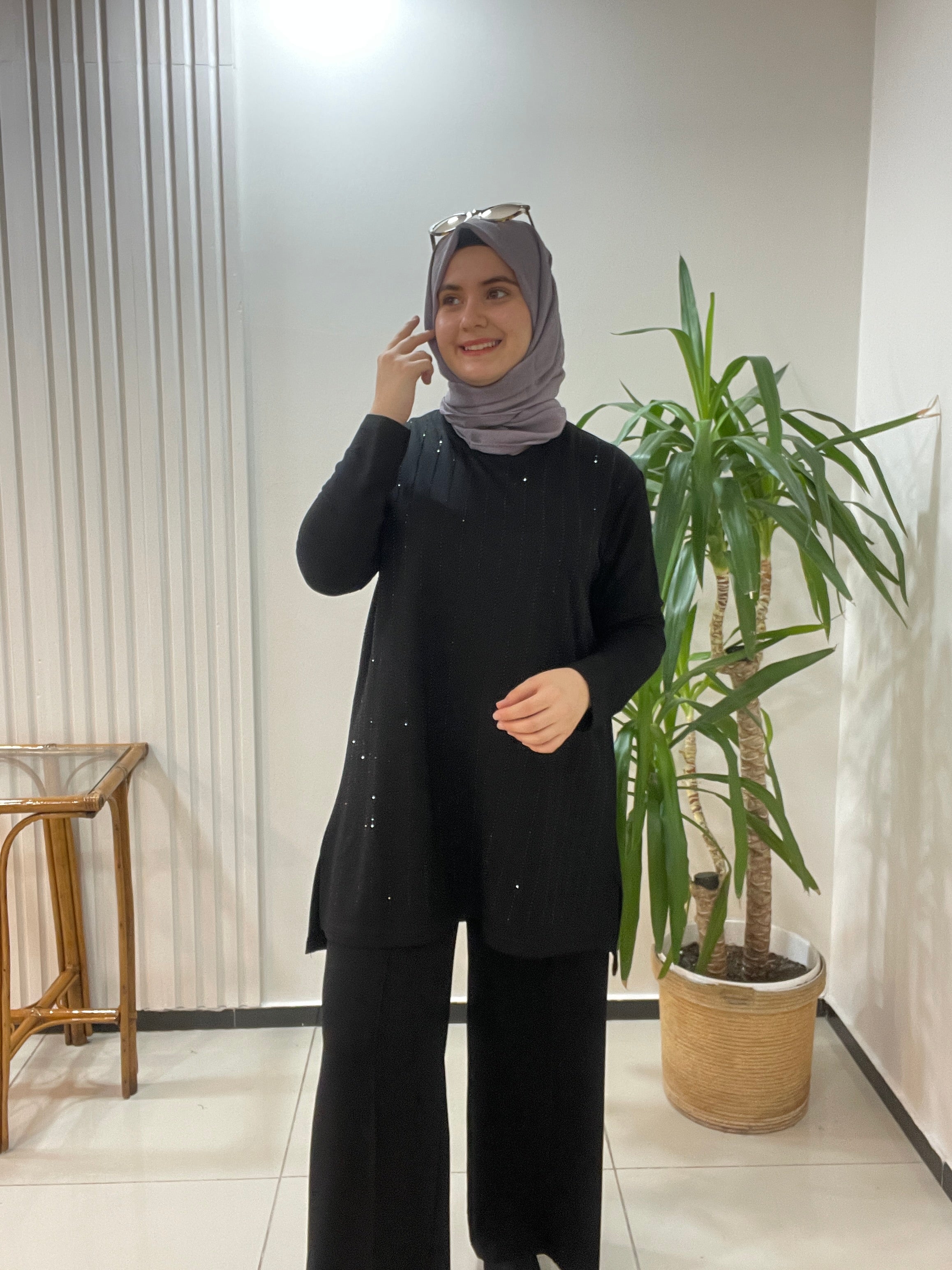 Büyük beden takım taş baskılı - Siyah